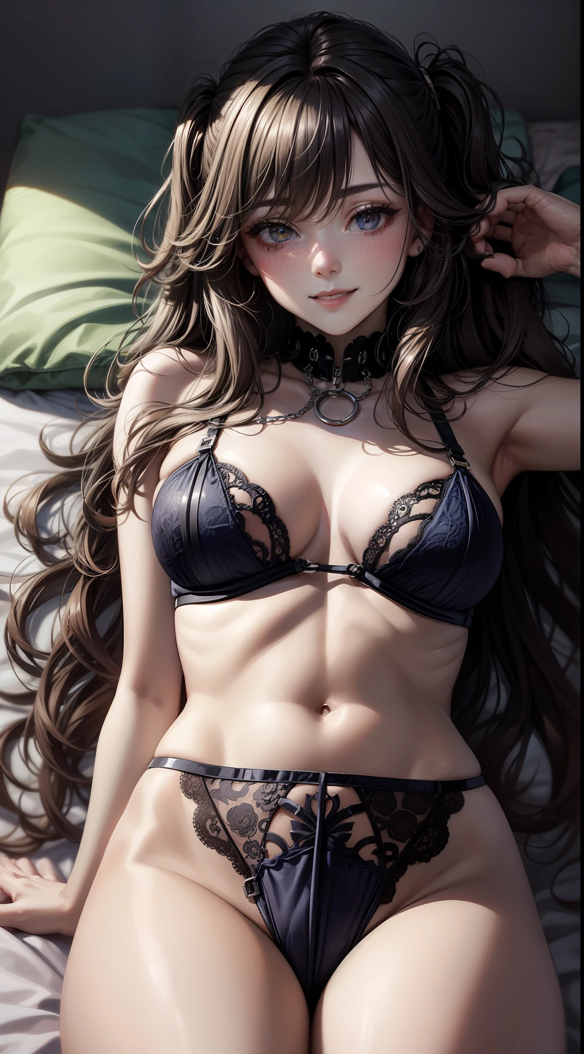 Hannahowo, long black windblown hair, lascivious smile, POV from above, micro lace lingerie translucid, upper body scene, female decorated bedroom background, bed, lying on her back on the bed, legs open, crotch visible, Lasciva posture. Wallpaper for mobile, 4k, (border zentalha, complementary colors: white blue silver gold)