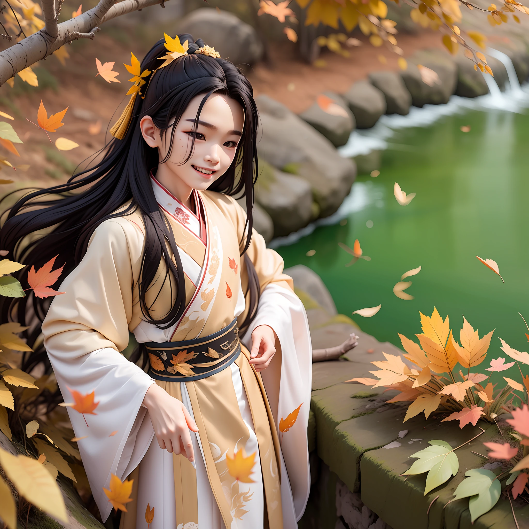 (Masterpiece),(Need),(Super meticulous),(all over the body:1.2),（A 4 year old boy，handsome，virile，with long black hair，White clothes fluttering，Hanfu，Laugh，Stand on a cliff，Below is the Yangtze River，fall，Falling leaves，Chibi T-Shi