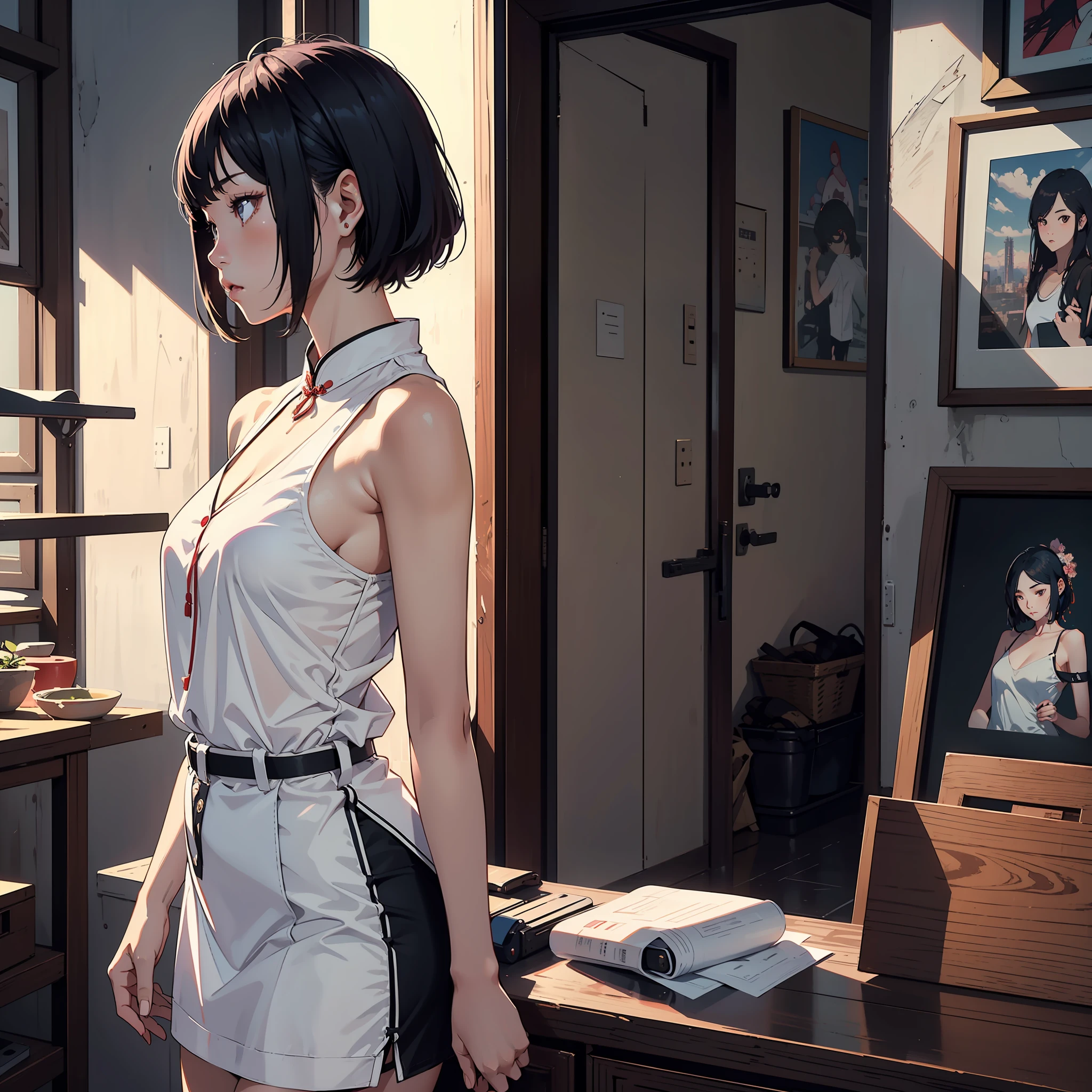 1girl, chinese girl, 21 years old, solo, arms behind, 3/4 shot, young sensual engraving idol, young idol beautiful printmaking, realistic, best quality, instgram, bare shoulders, white shirt, short hair