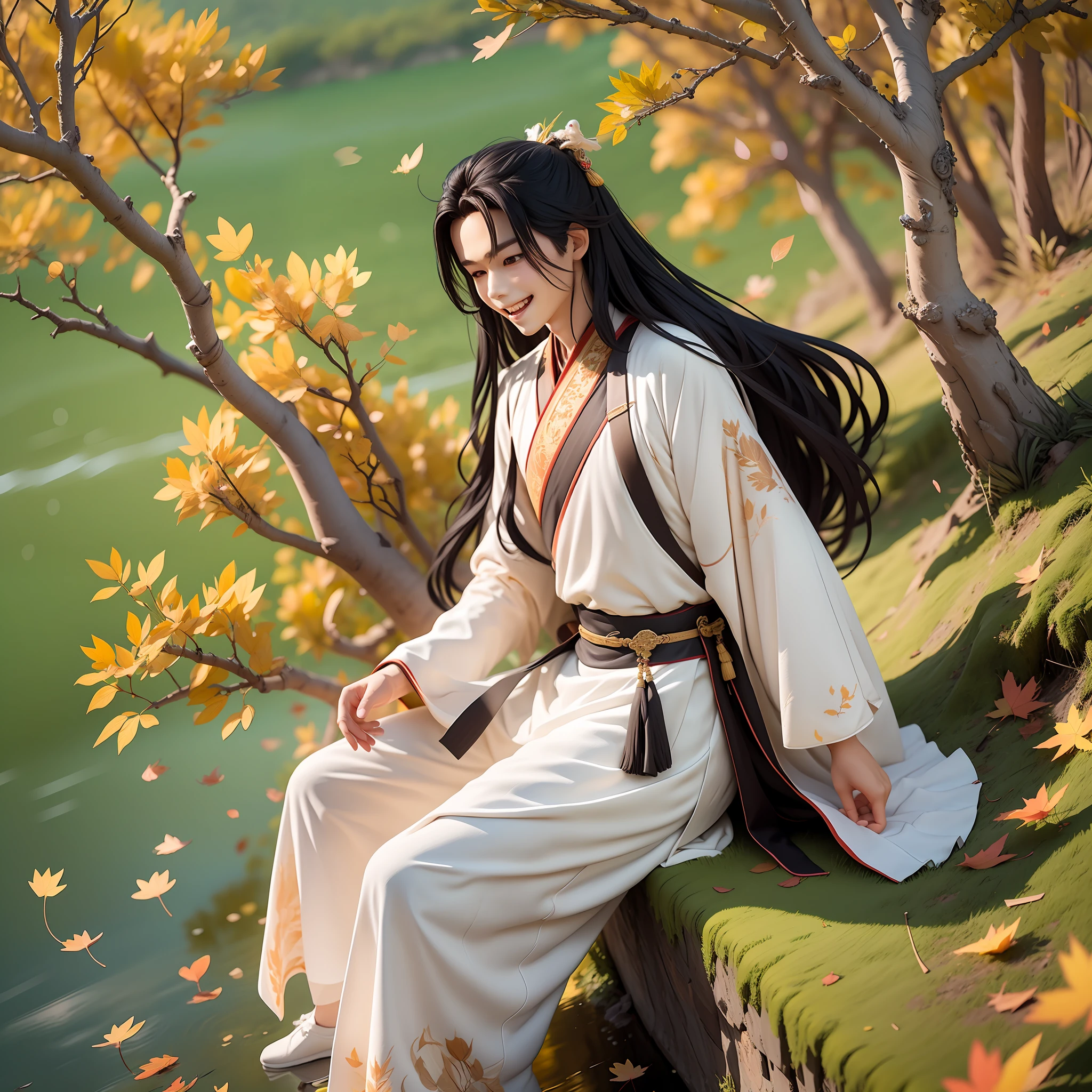 (Masterpiece),(Need),(Super meticulous),(all over the body:1.2),(A 4 year old boy,handsome,virile,with long black hair,White clothes fluttering,Hanfu,Laugh,Stand on a cliff,Below is the Yangtze River,fall,Falling leaves,Chibi T-Shi