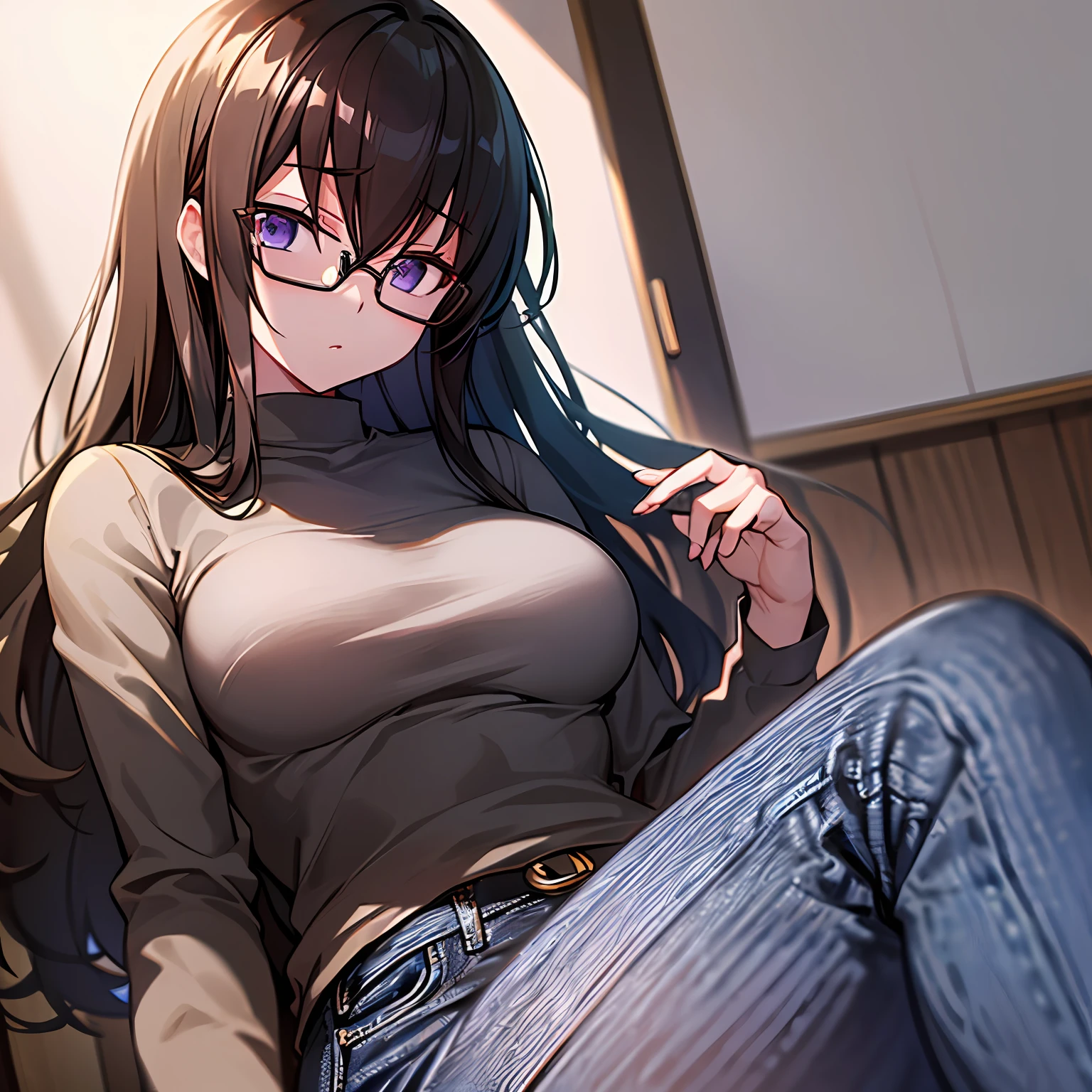 ultra- detailed、((Master Masterpiece、maximum quality、highdetail))、Hard rim lighting、((Dramatic lighting))、Sharp focus、One Girl、Code Geass、C.C.、Dark hair、Black-rimmed glasses、The whole body、Shirt、jeans、Small breasts、Slender