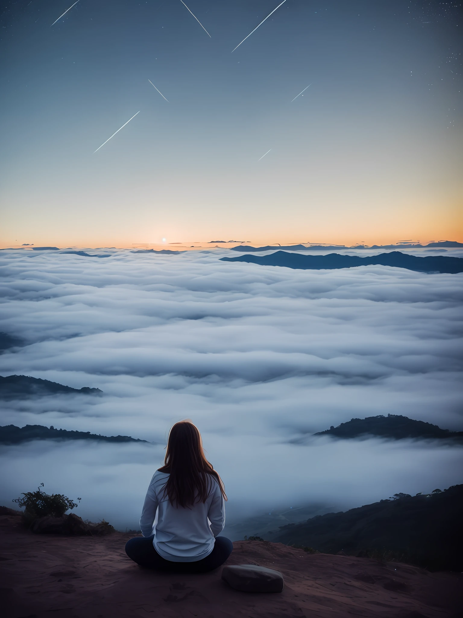 uma menina, sentada meditando (stars bright through the air:1.1), fundo desfocado, bokeh, profundidade de campo, horizonte estrelado, longe da cidade, sozinho, medroso, hopeless, magic, magic, fantastical, tonalidade escura, fog