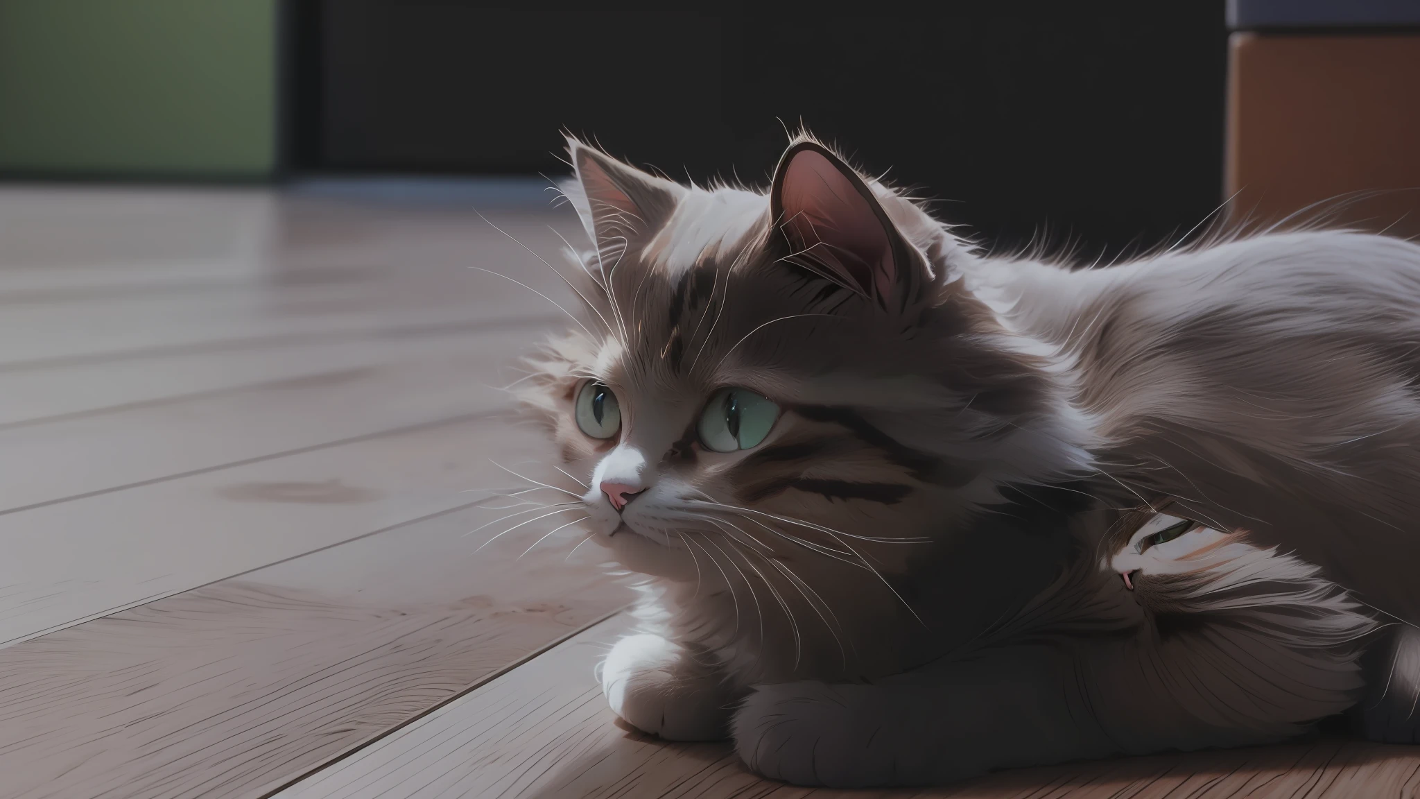there is a cat that is laying down on the floor, sad cat, cat on the table in front of her, cat on the table, a cute cat, cat photo, cute cat photo, photo of a cat, with a sad expression, Cute cat, she is looking at us, a sick cat laying in a bedroom, beautiful grumpy girl, looking content