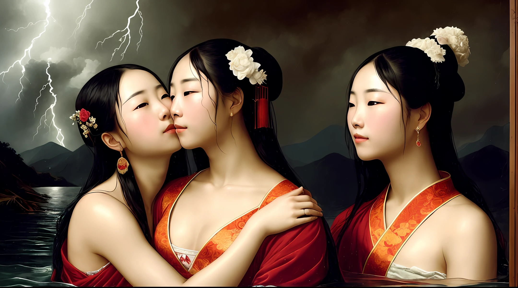 Lovers embracing each other in ancient Chinese storms wet temptation