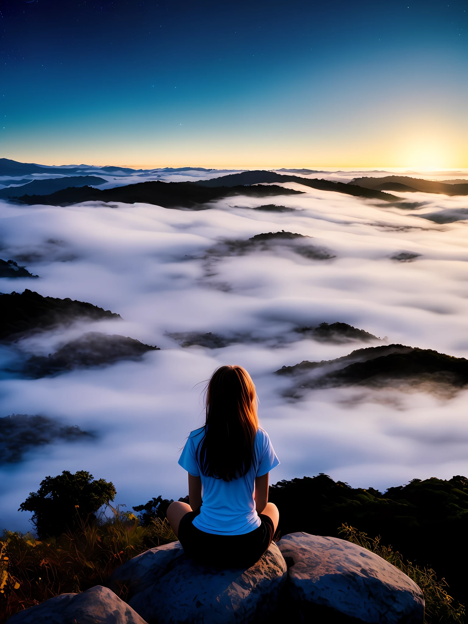 uma , sentada meditando (stars bright through the air:1.1), fundo desfocado, bokeh, profundidade de campo, horizonte estrelado, longe da cidade, sozinho, medroso, hopeless, magic, magic, fantastical, tonalidade escura, fog