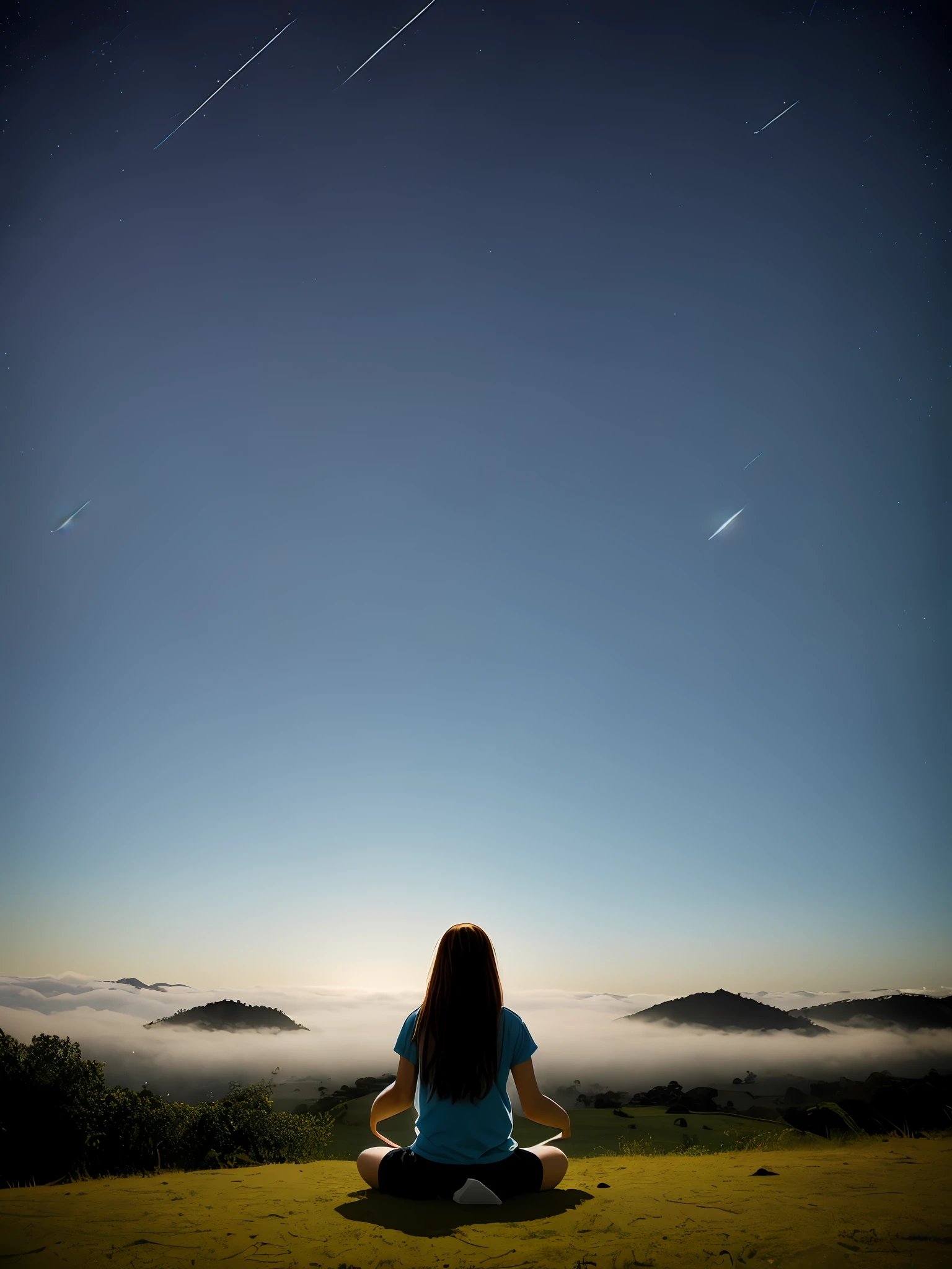 uma menina, sentada meditando (stars bright through the air:1.1), fundo desfocado, bokeh, profundidade de campo, horizonte estrelado, longe da cidade, sozinho, medroso, hopeless, magic, magic, fantastical, tonalidade escura, fog