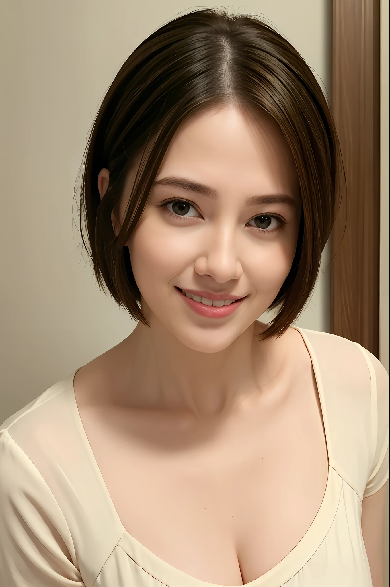 (8k, Best Quality, Masterpiece:1.2), (Realistic, Photorealistic:1.3), Ultra detailed, ((1 girl)), Cute, Solo, (smile), Big tits, Beautiful detailed eyes, (Short hair: 1.2), Bob hair, (upper body), (Facing front), Very delicate and beautiful, Fine details, Masterpiece, Ultra detail, High resolution, Best shadow, Blue tops, See who is watching