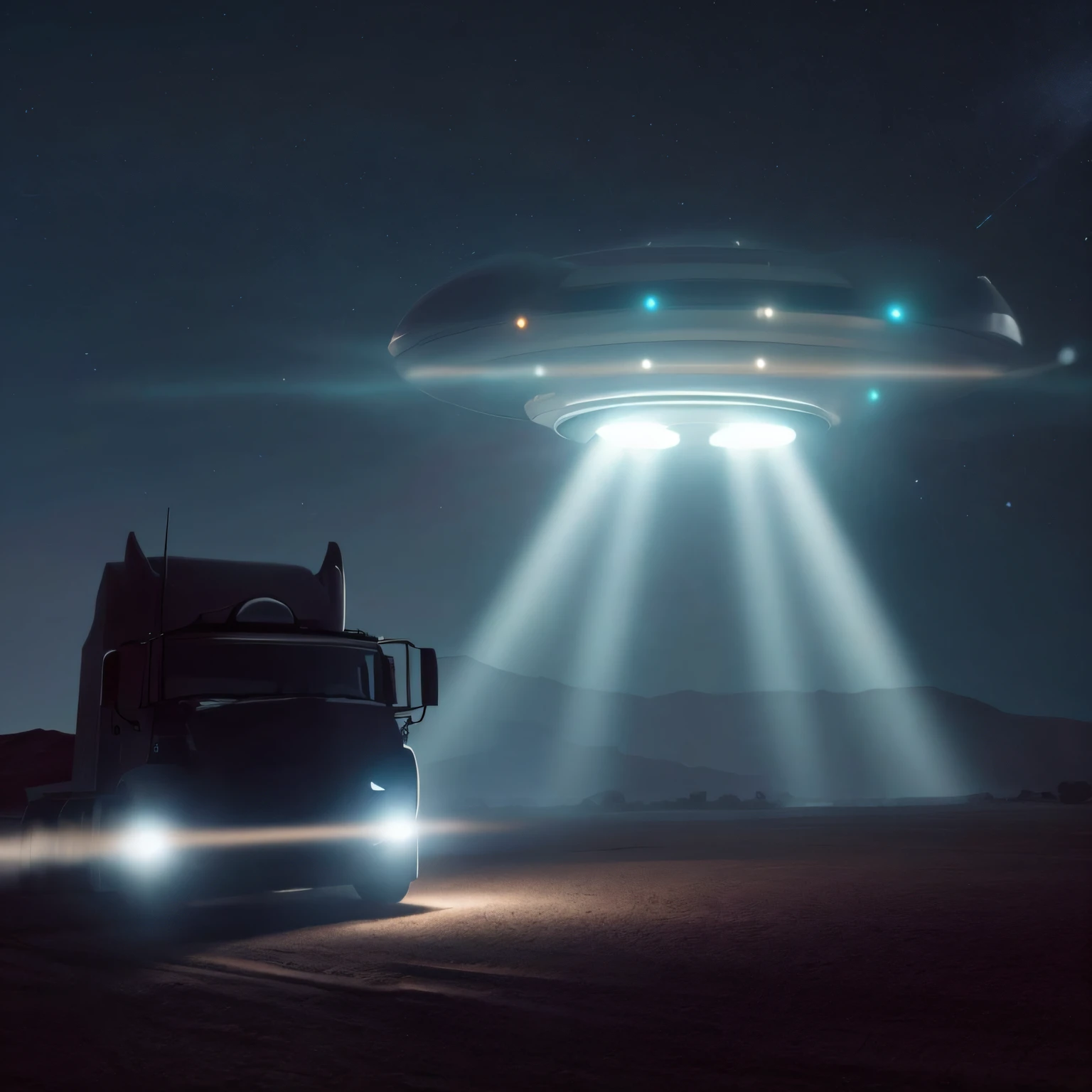 A LARGE FLYING SAUCER FOLLOWING A CARGO TRUCK IN THE DESERT, 8K, ULTRA REALISTAA