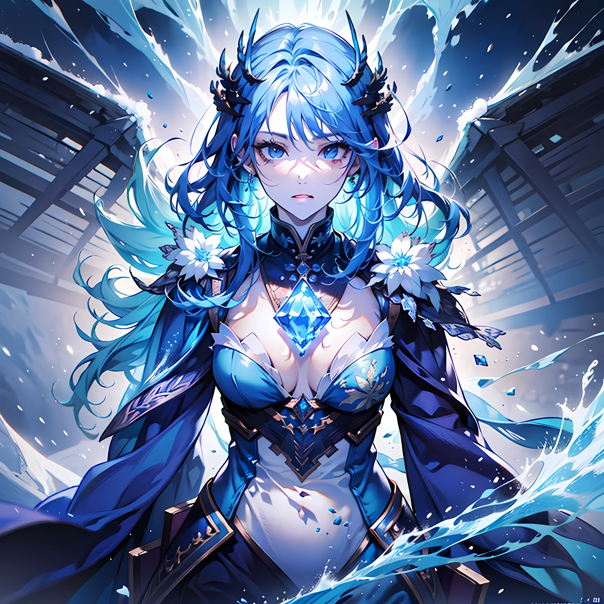 A magician, (loose dress: 1.5), (perfect facial features: 1.4), (blue silk robe), (mysterious magic formation: 1.2), ((ice dragon)), (ice crystal scales), blue light, (frost wings), powerful ice magic, icicles, towering into the clouds, blue cold light, ice storm, cold wind, flying ice and snow, spectacular effects, best quality, masterpiece, super high resolution, fine details, complex details, 8K resolution, 8KUCG wallpaper, HDR, aqua blue, magic array, cinematic lighting, chiaroscuro, ray tracing, NVIDIA RTX