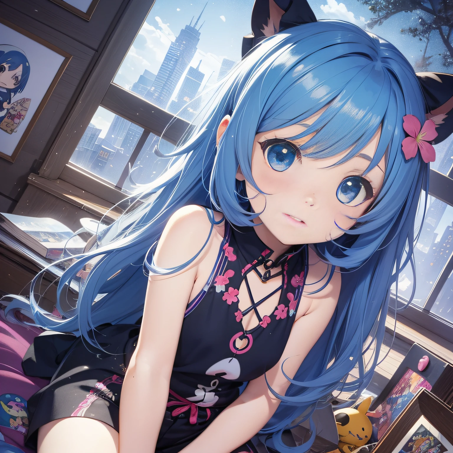 Cartoon girl with long hair sitting on chair、Cartoon Art Style、Cartoon Cute、Chibi Girl、cute cartoon style、cute art style、Cartoon style、Charikature、Cartoon style illustration、Digital art of cartoons、Cartoon Art Style、cute digital art、Portrait of a cute anime girl、Chibi、Chibi Style、Cute pretty girl 2 cartoon girl with long hair sitting on chair、Anime drawings、Winner of the deviantart contest、pop art、Cartoon Art Style、Cartoon Cute、Chibi Girl、cute cartoon style、cute art style、Cartoon style、、Cartoon style illustration、Digital art of cartoons、Cartoon Art Style、３Equivalent、Head large、２D、２D Anime Girl、２D anime character chibi cute girl、Smartphone、cellular phone、Blue hair、Blue hair color,night、midnight、Window at night、Night view from the window
