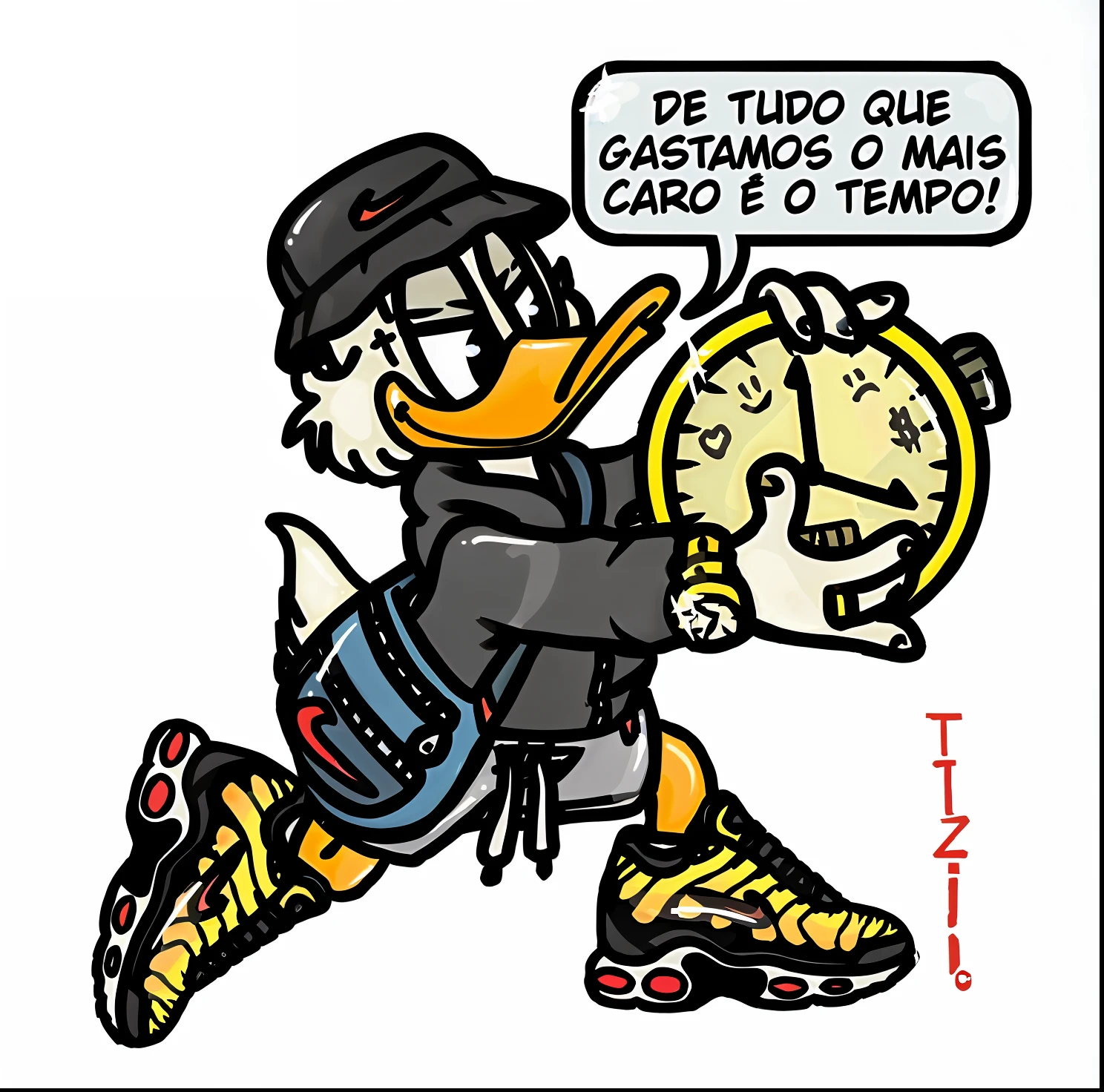 cartoon duck with a clock in his hand and a speech bubble above it, por Altichiero, inspirado em Jacob Duck, Pato Donald, Direction: Italo Mus, desenho, Patolino, inspirado em Menez, caricatural, Direction: Americo Makk, by Rodolfo Amoedo, Tumblr, pato, Gorjeio --auto