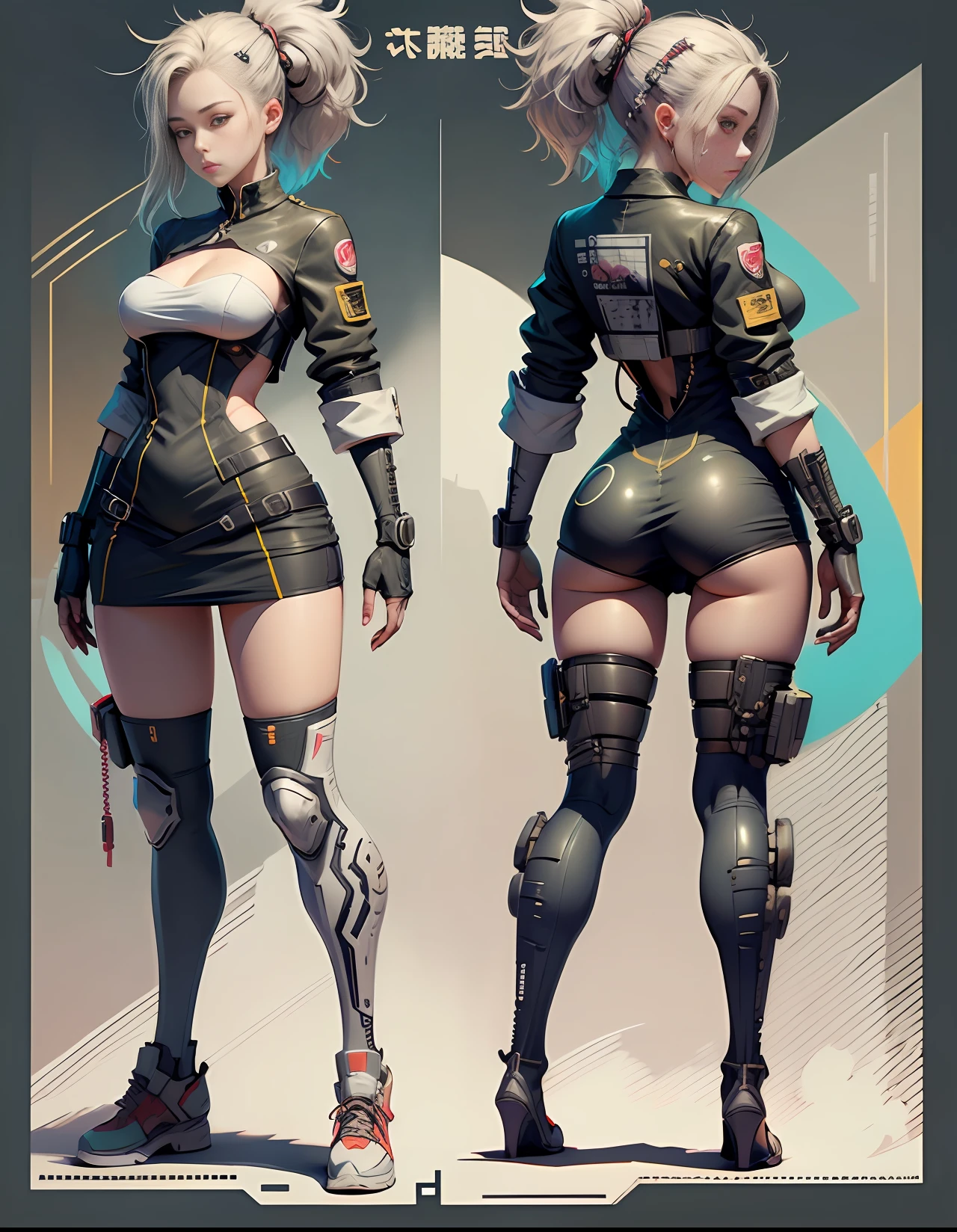 Japanese manga style character sheet of cyberpunk girl, front and back, full body, colorful cyberpunk clothes, white and black background, wearing rifle on back, equipment, detailed, intricate