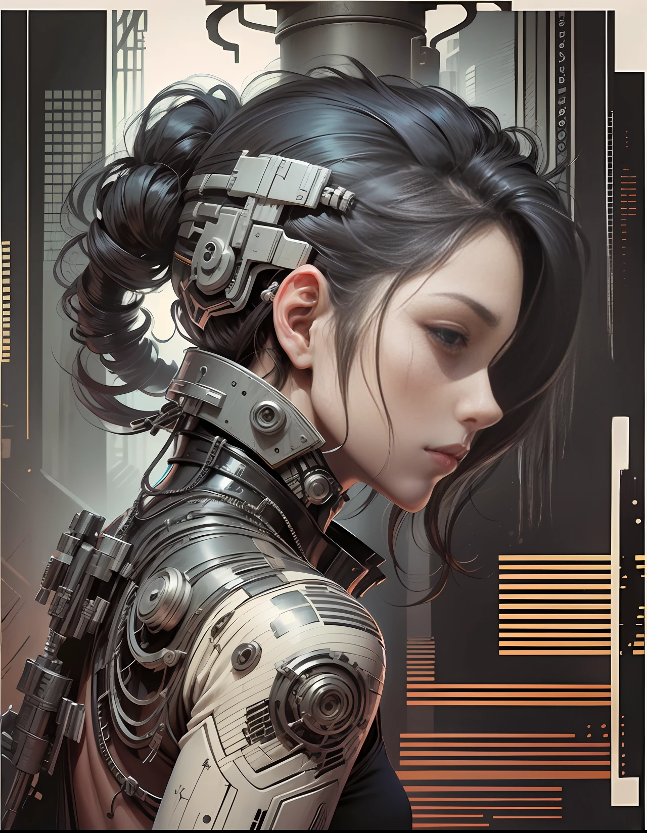 Japanese manga style character sheet of cyberpunk girl, front and back, full body, colorful cyberpunk clothes, white and black background, wearing rifle on back, equipment, detailed, intricate