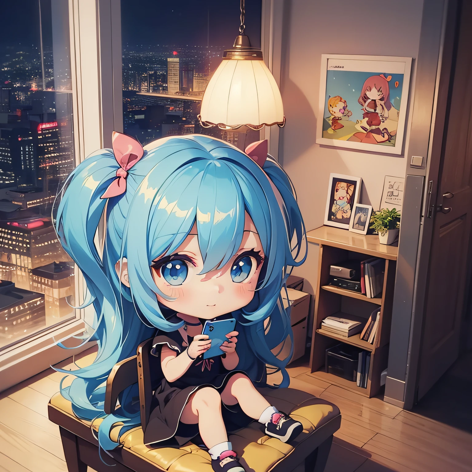 Cartoon girl with long hair sitting on chair、Cartoon Art Style、Cartoon Cute、Chibi Girl、cute cartoon style、cute art style、Cartoon style、Charikature、Cartoon style illustration、Digital art of cartoons、Cartoon Art Style、cute digital art、Portrait of a cute anime girl、Chibi、Chibi Style、Cute pretty girl 2 cartoon girl with long hair sitting on chair、Anime drawings、Winner of the deviantart contest、pop art、Cartoon Art Style、Cartoon Cute、Chibi Girl、cute cartoon style、cute art style、Cartoon style、、Cartoon style illustration、Digital art of cartoons、Cartoon Art Style、3Equivalent、Head large、2D、2D Anime Girl、2D anime character chibi cute girl、Smartphone、cellular phone、Blue hair、Blue hair color,night、Midnight、Window at night、Night view from the window、Lamp light、