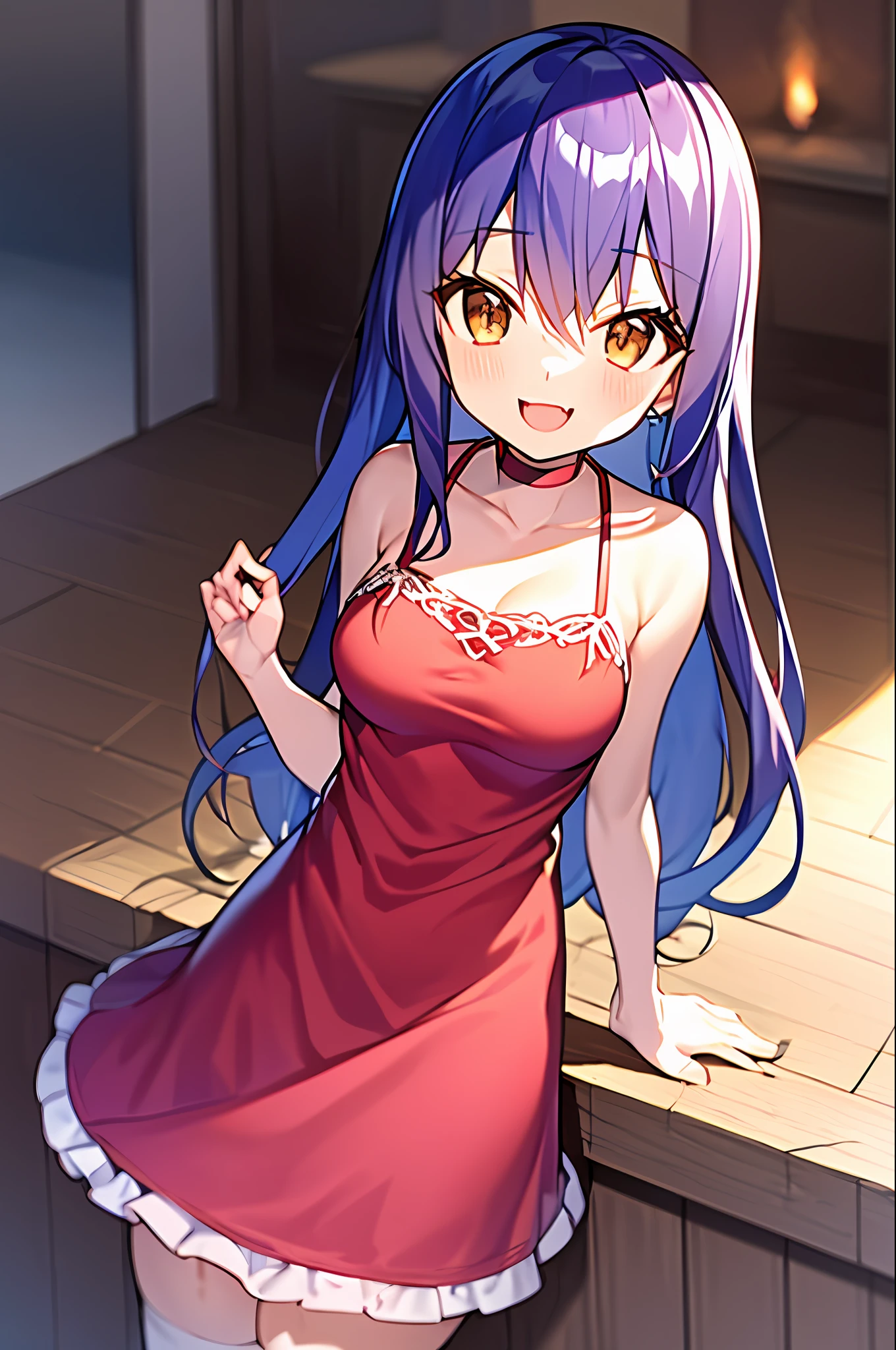 (leaning over:1.4), (masterpiece:1.2, best quality), (real picture, intricate details), 1girl, solo, absurdres, cowboy shot, standing, outdoors, :3, smile, ((light pink dress)), frills, very detailed dress, white thighhighs, long hair,  eyes, long hair, ((red strawberry choker)), smile, open mouth, one fang, tinh breasts, cleavage, sleeveless dress, arms behind back,