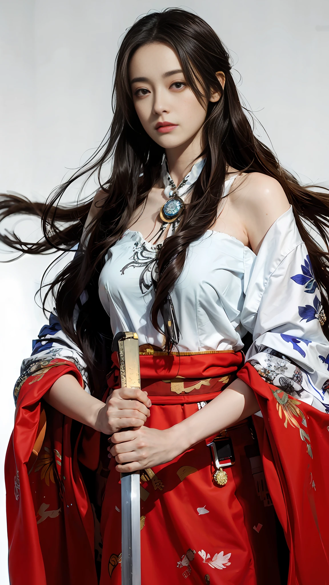 Allard Asian woman wearing a kimono dress，Armed with a sword, Anime girl cosplay, royal palace ， a girl in hanfu, onmyoji, white hanfu, onmyoji portrait, onmyoji detailed art, flowing hair and long robes, she is holding a katana sword, anime cosplay, holding a sword on her shoulder, 《overlord》Albedo in