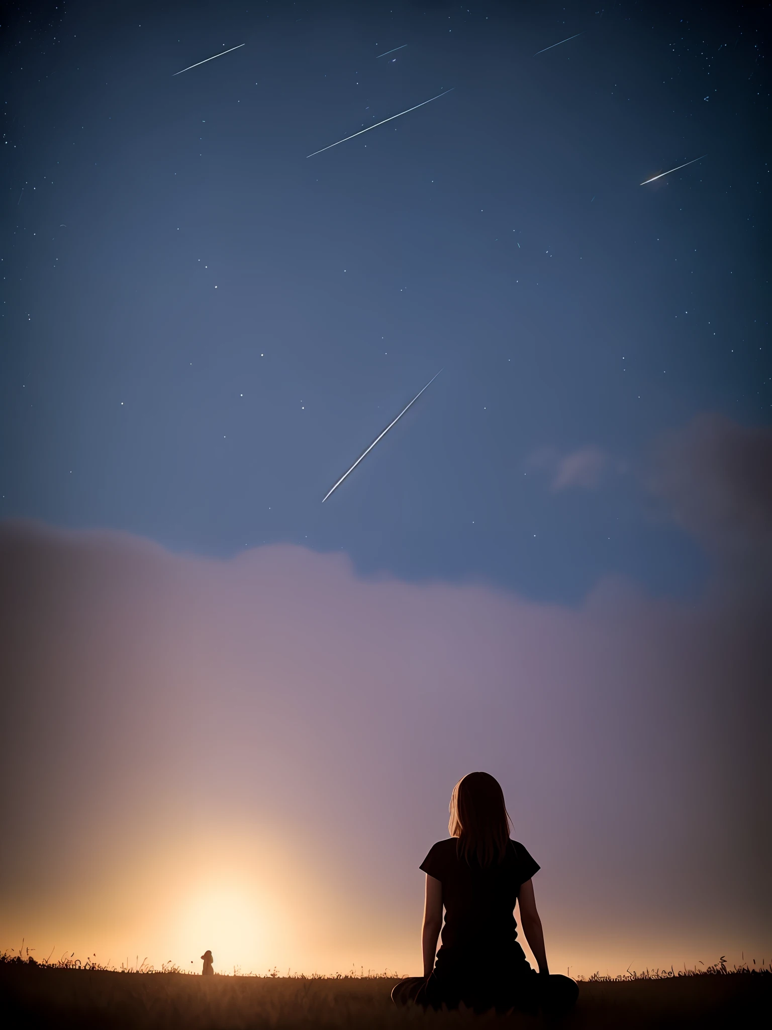 uma , sentada meditando (stars bright through the air:1.1), fundo desfocado, bokeh, profundidade de campo, horizonte estrelado, longe da cidade, sozinho, medroso, hopeless, magic, magic, fantastical, tonalidade escura, fog