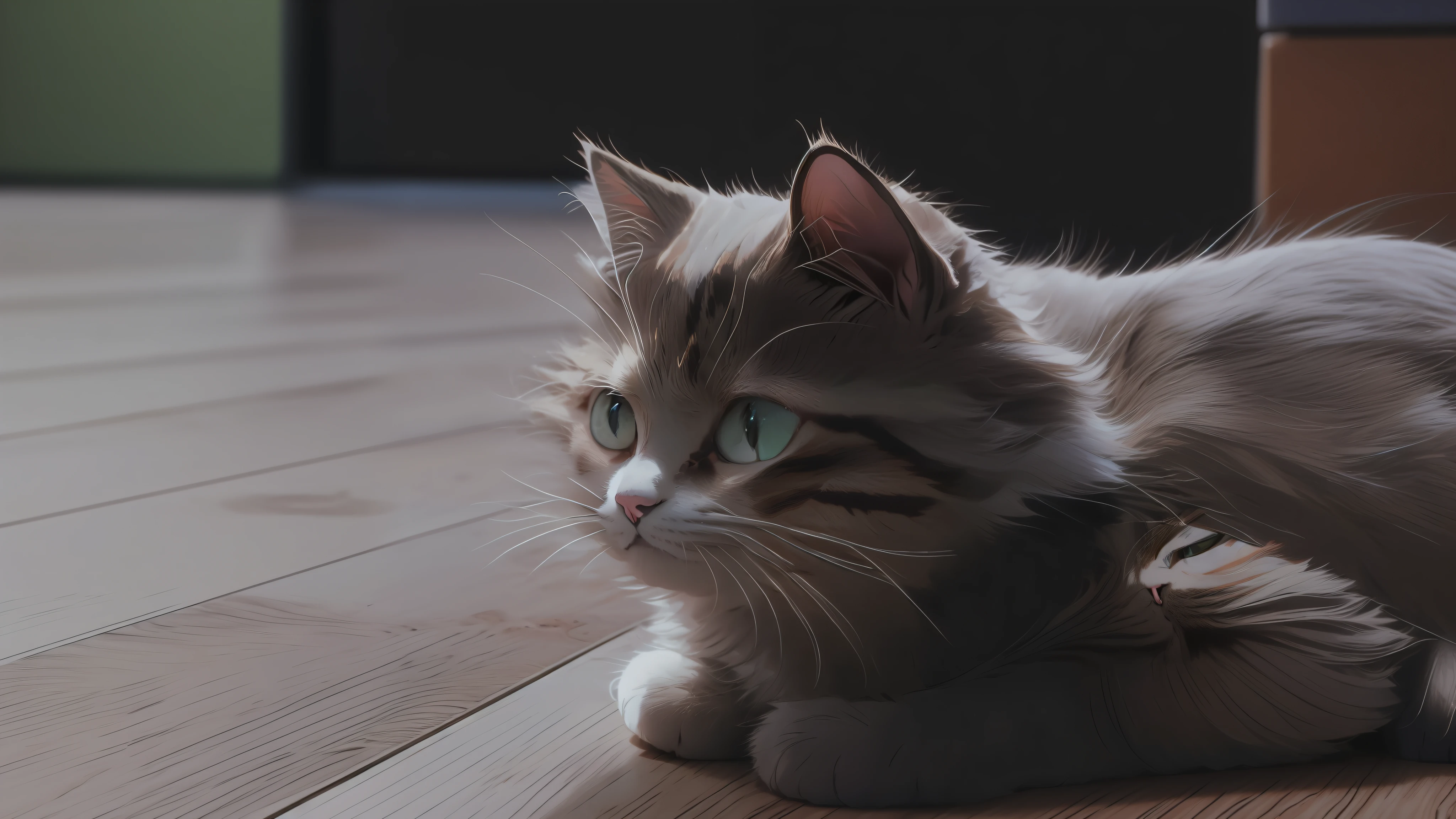 there is a cat that is laying down on the floor, sad cat, cat on the table in front of her, cat on the table, a cute cat, cat photo, cute cat photo, photo of a cat, with a sad expression, Cute cat, she is looking at us, a sick cat laying in a bedroom, beautiful grumpy girl, looking content