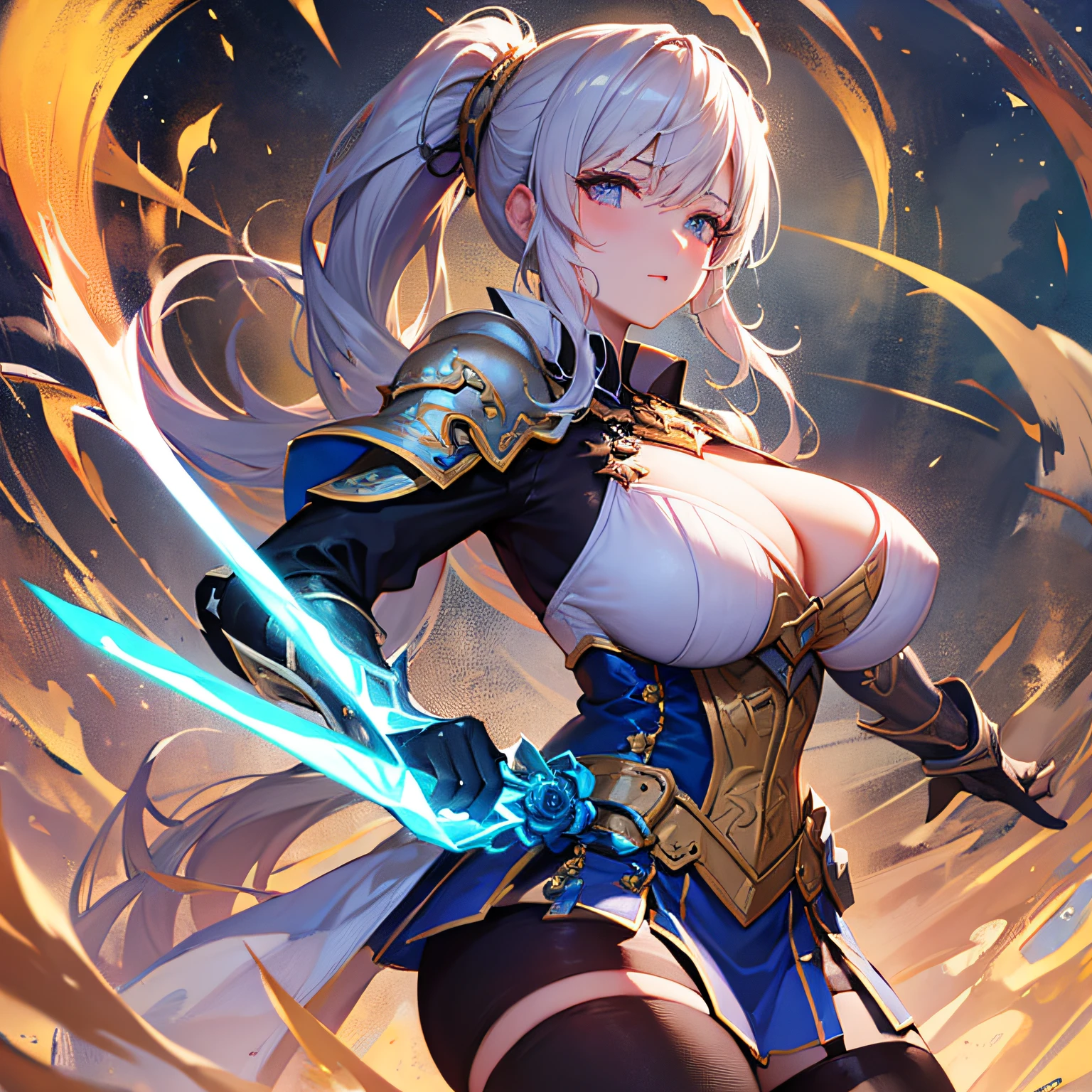 Peerless beauty, perfect slim body, mature royal sister face, double ponytail curls, knightly armor, sexy and seductive, beautiful face, full body portrait, standing pose, 4K picture quality, feminine expression, blush shyness, star-like deep eyes, huge breasts, short skirt, sword and magic. Bust overflow, fighting with Warcraft, speed lines, best quality, masterpieces,