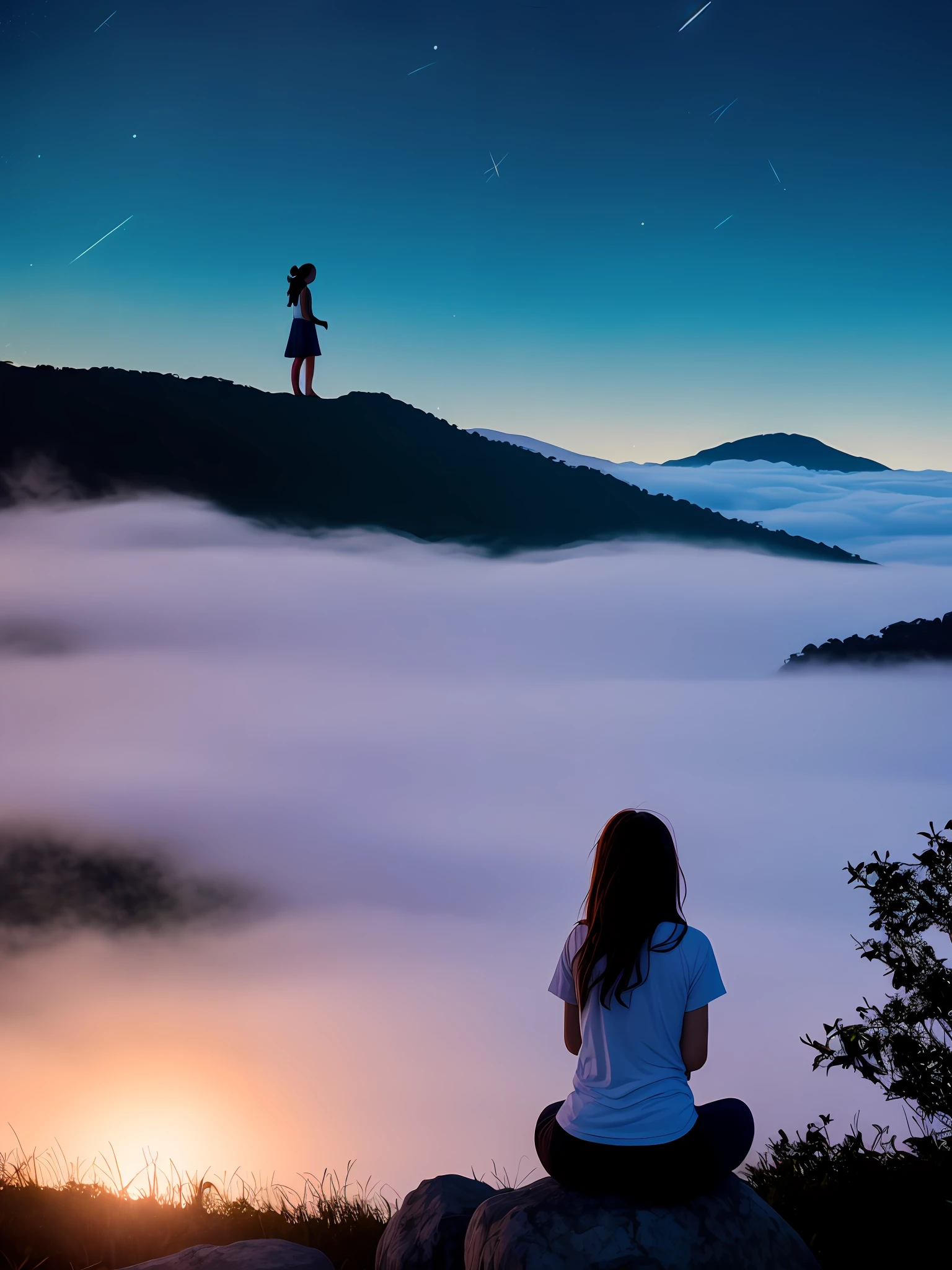 uma , sentada meditando (stars bright through the air:1.1), fundo desfocado, bokeh, profundidade de campo, horizonte estrelado, longe da cidade, sozinho, medroso, hopeless, magic, magic, fantastical, tonalidade escura, fog