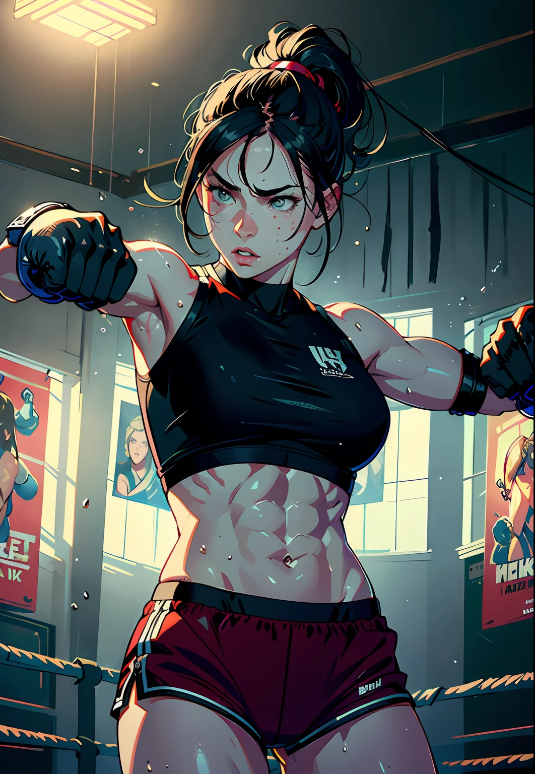 (original) , (very detailed wallpaper) , (best quality) , (masterpiece) , photographic reality, realistic, very detailed illustrations, (1 girl) , beautiful eyes, (delicate face) , perfect detail, (best lighting) , (super complex details) , 
 (boxing girl) , (aggressive punching) , sweat, heavy breathing, (oppressive attack) , (boxing ring) , athletic shorts, perfect detail, perfect fingers, perfect limbs, impact, (shiny skin) , abs, muscles, waistline,boxing shorts, fist fight, black hair, high ponytail, very long hair, 
4K unified, (super detailed CG: 1.2) , (8K: 1.2) , realistic, octane rendering