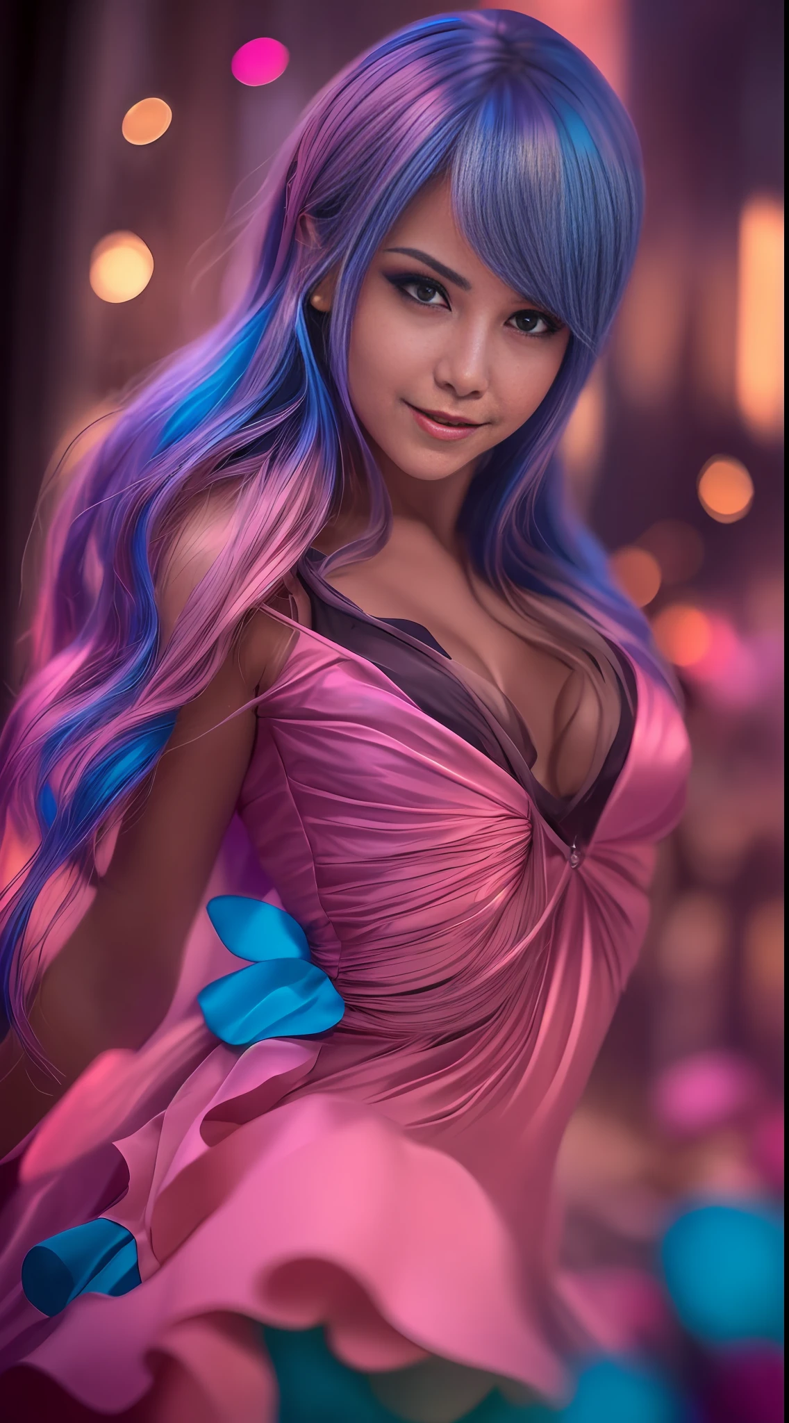 ((imagen de cuerpo entero)), mujer hermosa y maquillada, ((con un vestido azul brillante)), (foto RAW, mejor calidad), (realista, neorrealista: 1.4), obra maestra, ((un teatro con puertas cerradas como fondo de pantalla 2k)), extremadamente detallado, incredible, finamente detallado, extremadamente detallado CG unidad 8k, ultra detallado, high resolution, luz suave, ojos y cara extremadamente detallados, hermosa nariz detallada, hermosos ojos detallados, hermosos ojos detallados, Cinematic lighting, luces de la ciudad por la noche, (Perfect anatomy), cuerpo delgado, sonriendo, ((cabello rosado))