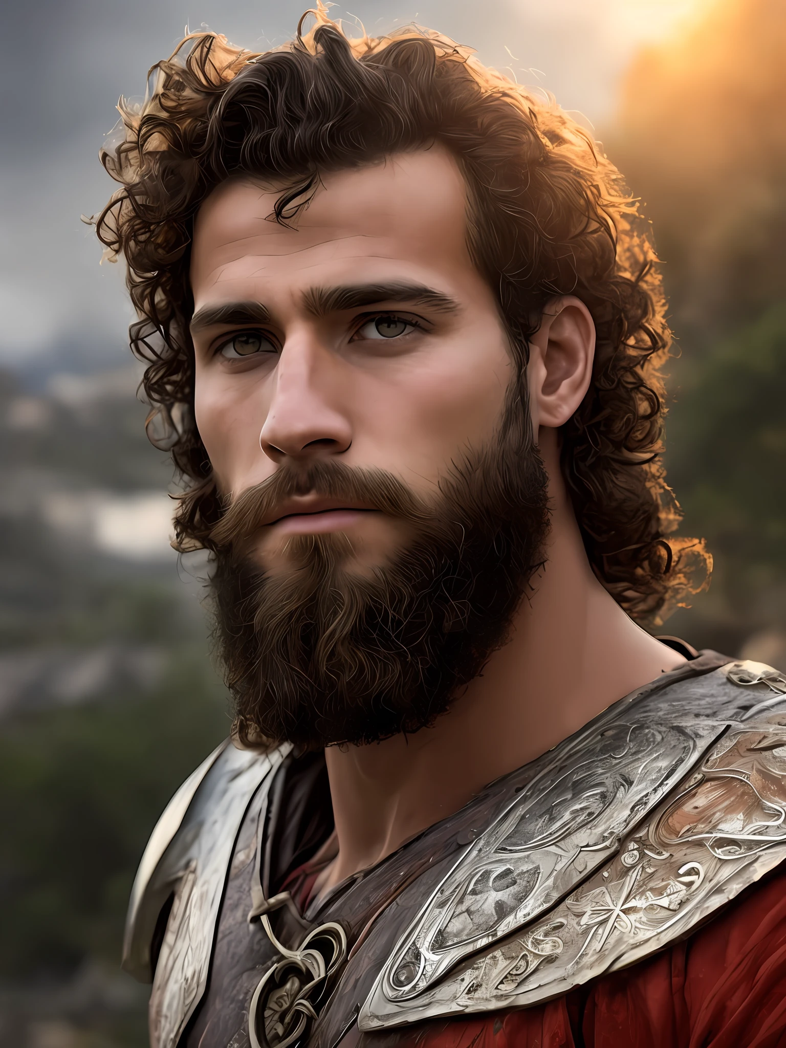 jovem,25 anos,Moreno,medium curly hair,Medium beard well marked ,olhos castanhos claros,alto,porte de atleta,bem definido,with axe in hand ,Looking at the camera,serious look,Nice,rosto definido,estilo viking,with war scenario,sombrio,Apocalyptic,standing holding Machado,Scenery of a destroyed ancient city