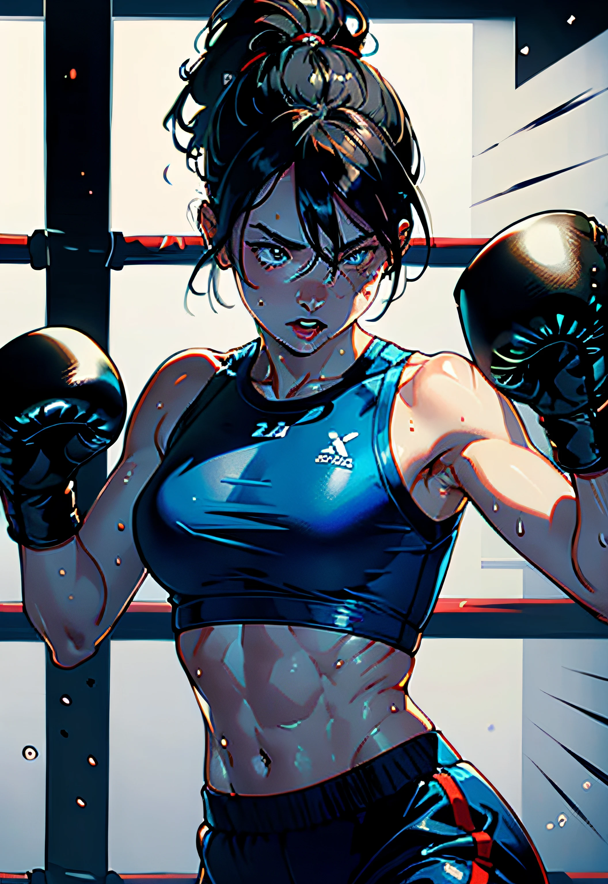 (original) , (very detailed wallpaper) , (best quality) , (masterpiece) , photographic reality, realistic, very detailed illustrations, (1 girl) , beautiful eyes, (delicate face) , perfect detail, (best lighting) , (super complex details) , 
 (boxing girl) , (aggressive punching) , sweat, heavy breathing, (oppressive attack) , (boxing ring) , athletic shorts, perfect detail, perfect fingers, perfect limbs, impact, (shiny skin) , abs, muscles, waistline,boxing shorts, fist fight, black hair, high ponytail, very long hair, 
4K unified, (super detailed CG: 1.2) , (8K: 1.2) , realistic, octane rendering