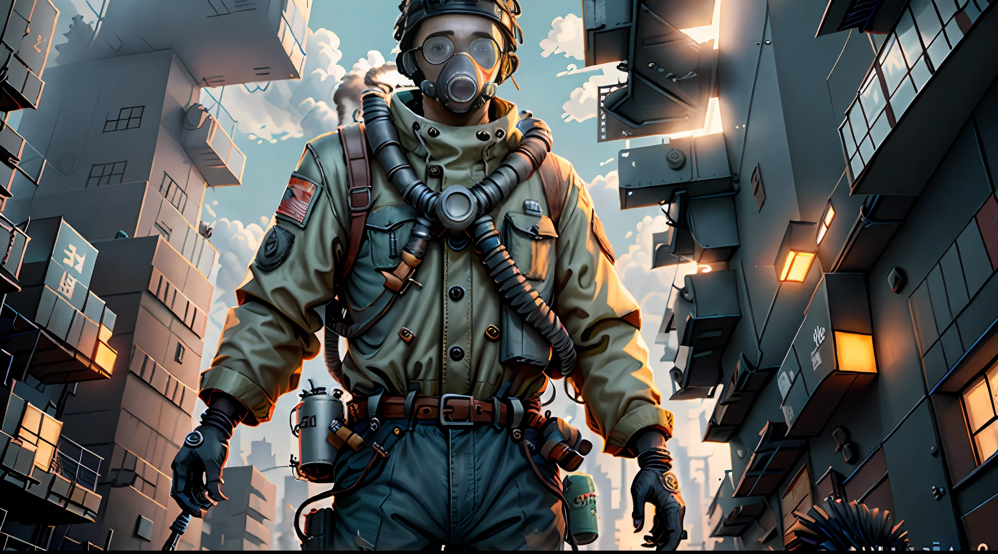 there is a man in a white suit and gas mask standing in a city, realistic apocalyptic war scene, one single man in a hazmat suit, Seguro para o trabalho. CGSetnation, Seguro para o trabalho.CGSetnation, in a post-apocalyptic wasteland, digital concept art of dystopian, in a post apocalyptic city, apocalyptic 8k, apocalyptic 8k, ( Apocalyptic ) 8 mil