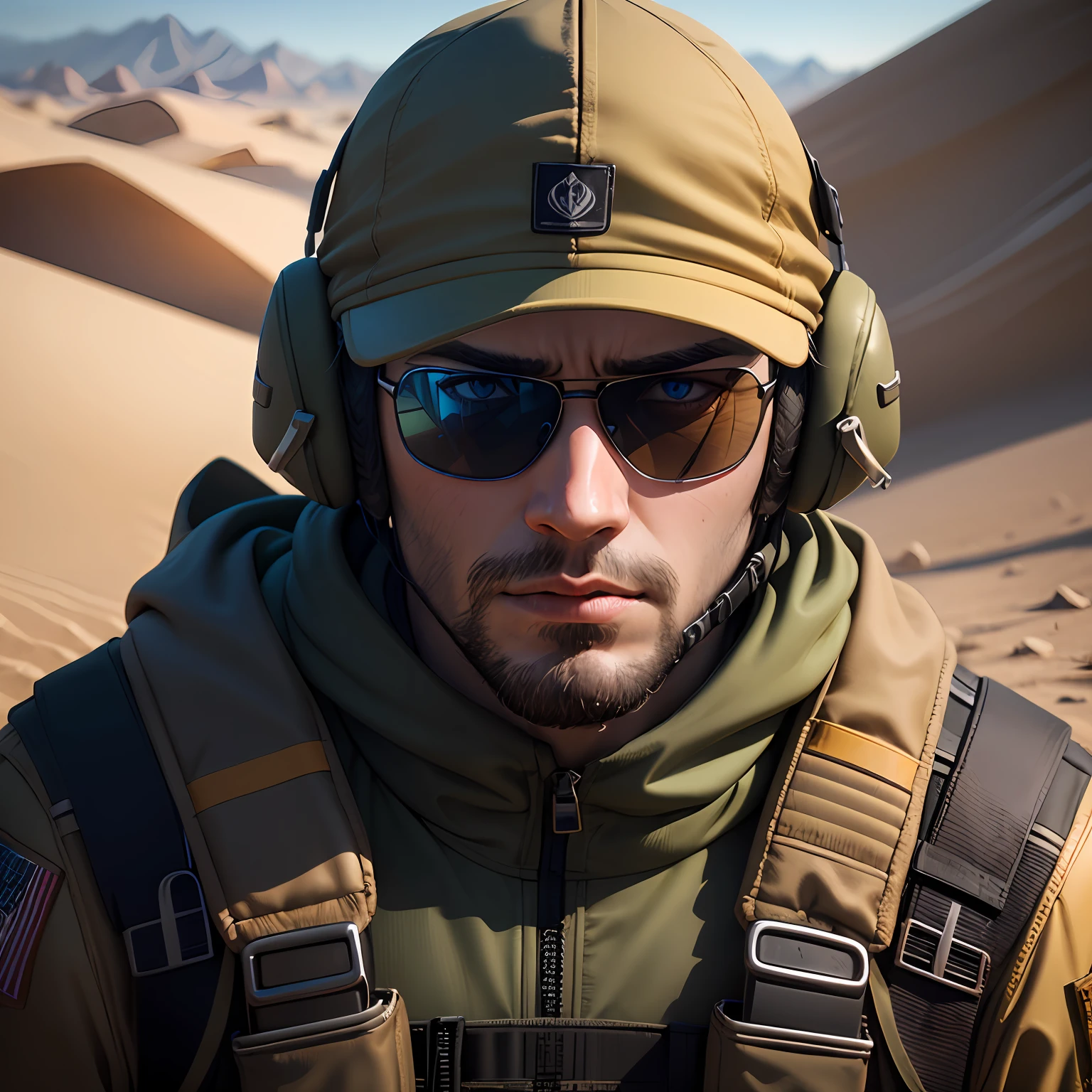 RAW photo, clouse-up face, man, with sunglasses, csgo game, counterterrorist soldier, bright colors, ultra realistic 4K, with desert background, add name piva style steam letter.
