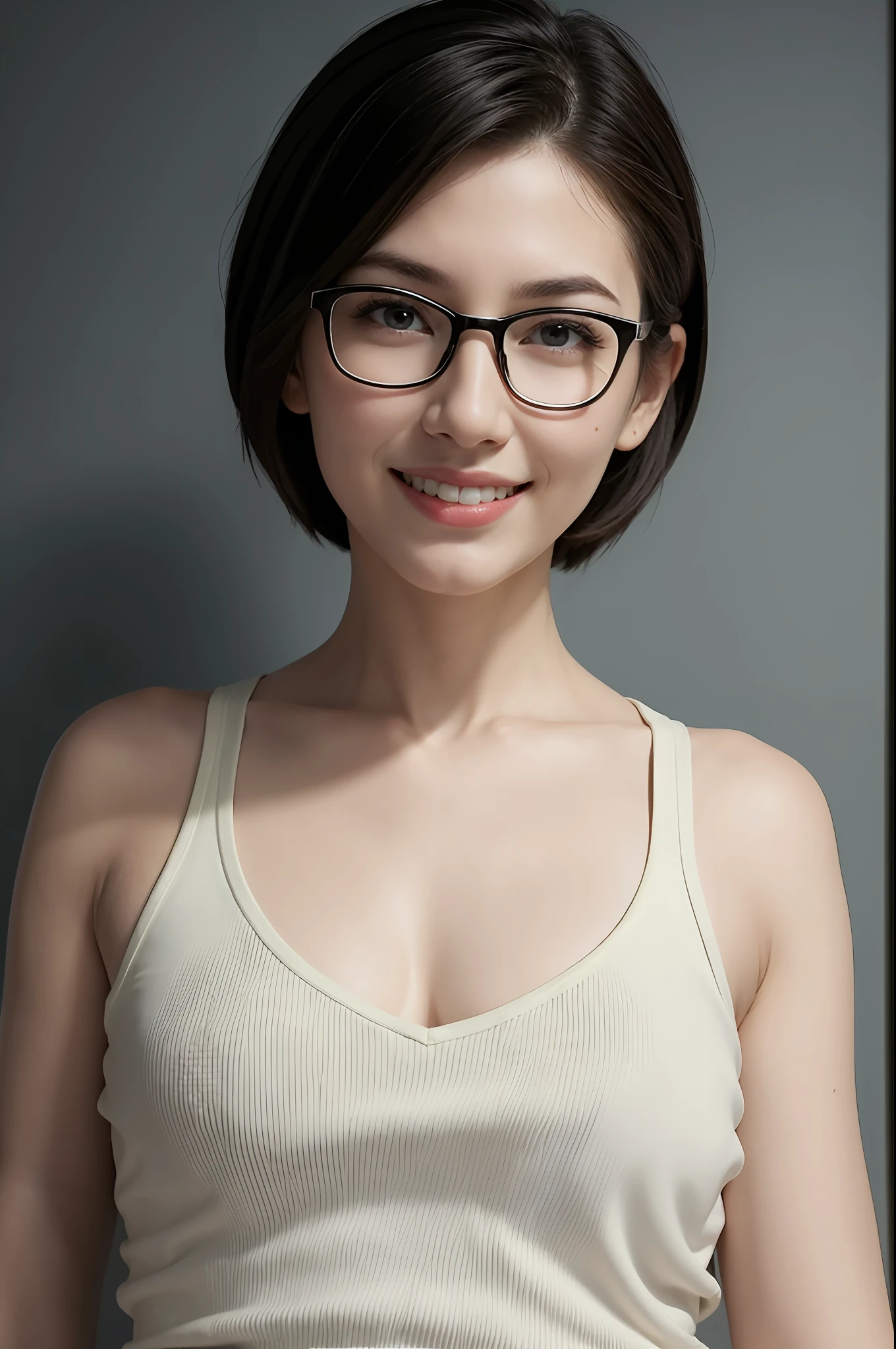 (8k, Best Quality, Masterpiece:1.2), (Realistic, Photorealistic:1.3), Ultra Detailed, ((1 girl)), Cute, Solo, (smile), Big tits, Beautiful Detailed Eyes, (Short hair: 1.2), Bob hair, (Upper body), (Facing Front), Very delicate and beautiful, Fine details, Masterpiece, Ultra detail, High resolution, Best shadow, Blue tops, Look at the viewer, Glasses