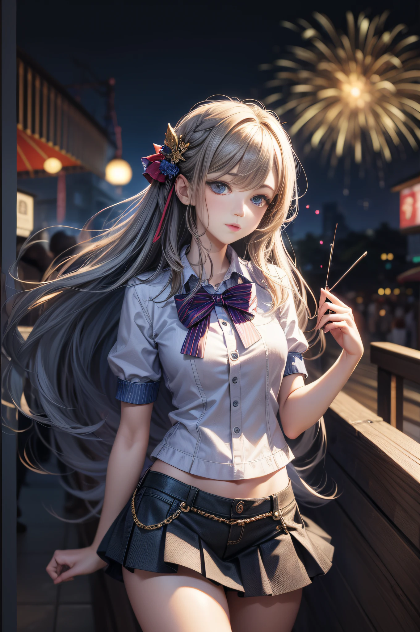 (masterpiece, illustration, high quality), (super detailed background and characters), (multicolor drawing), (multicolor hair), 1 female college student, very beautiful, blue eyes, long hair, miniskirt, sexy, Background is summer festival night, fireworks, UHD, HDR, 8K, (masterpiece), (best quality)