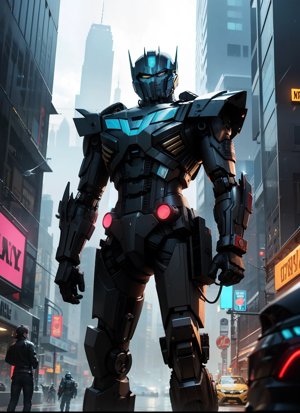 Optimus Prime, Bumblebee, Transformers robots, Cyberpunk style, cyberpunk futuristic megacity in the background, raining, neon lights, 8K, UHD