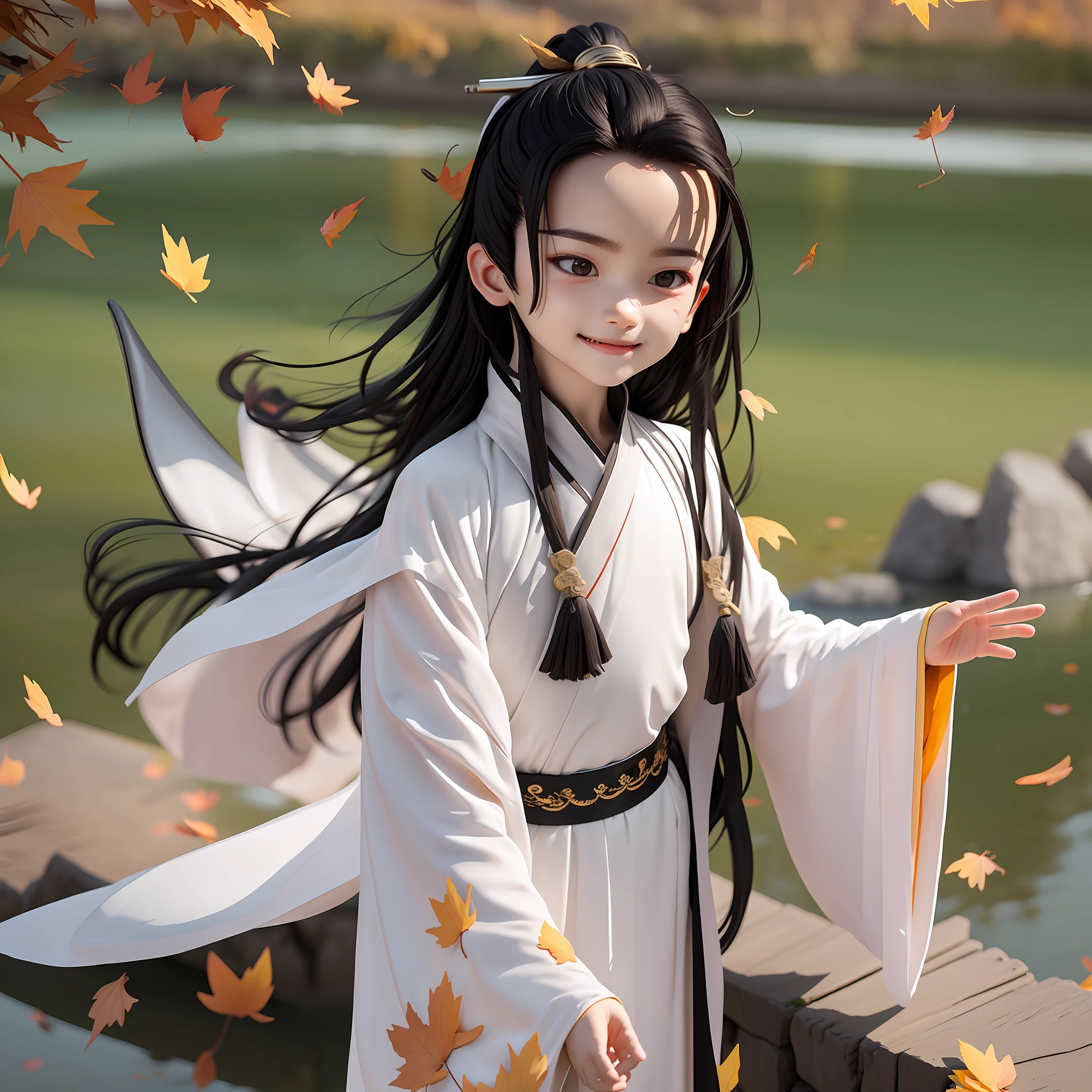 (Masterpiece),(Need),(Super meticulous),(all over the body:1.2),（A 4  boy，with long black hair，White clothes fluttering，Hanfu，Laugh，Stand on a cliff，Below is the Yangtze River，fall，Falling leaves，Chibi T-Shi