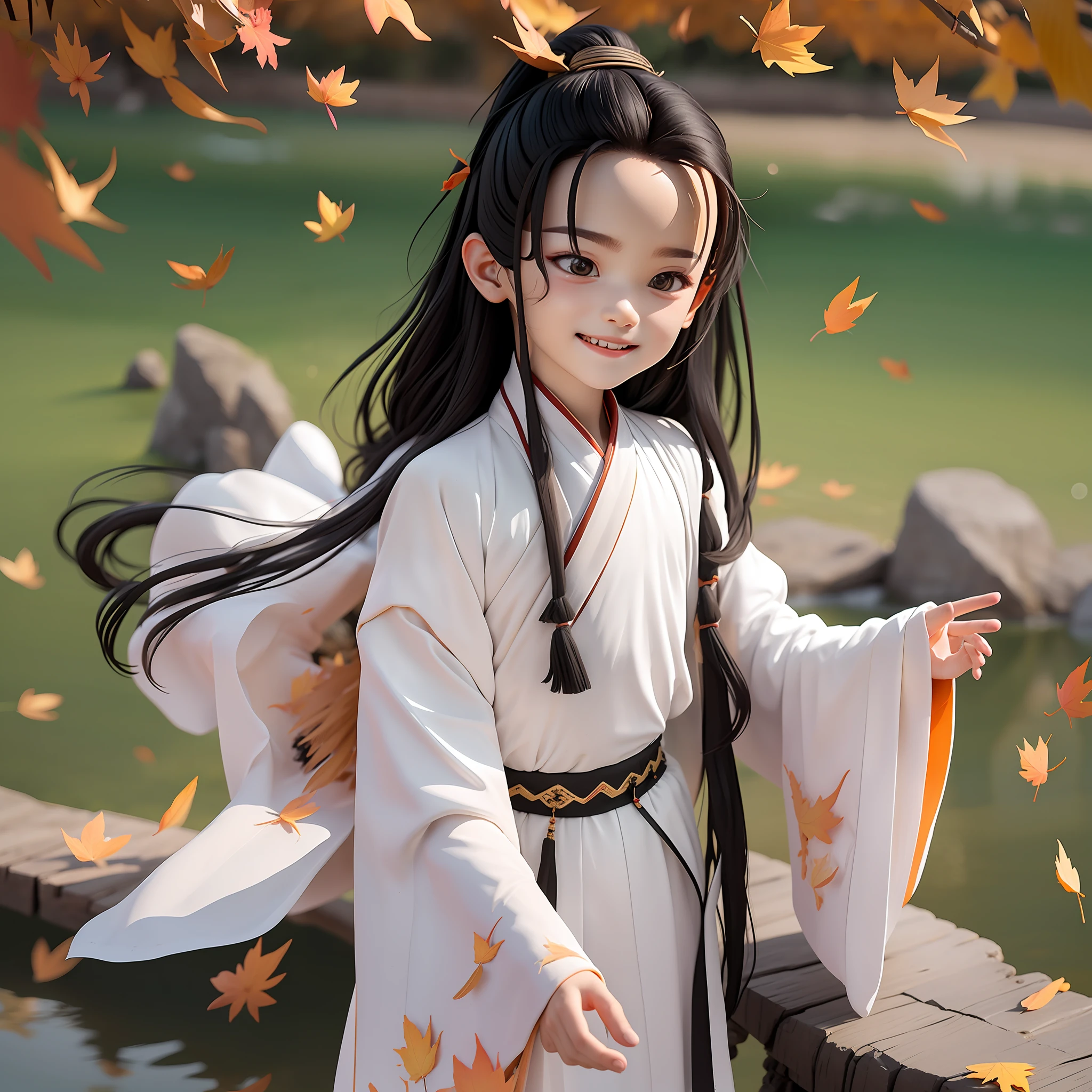 (Masterpiece),(Need),(Super meticulous),(all over the body:1.2),(A 4 year old boy,with long black hair,White clothes fluttering,Hanfu,Laugh,Stand on a cliff,Below is the Yangtze River,fall,Falling leaves,Chibi T-Shi