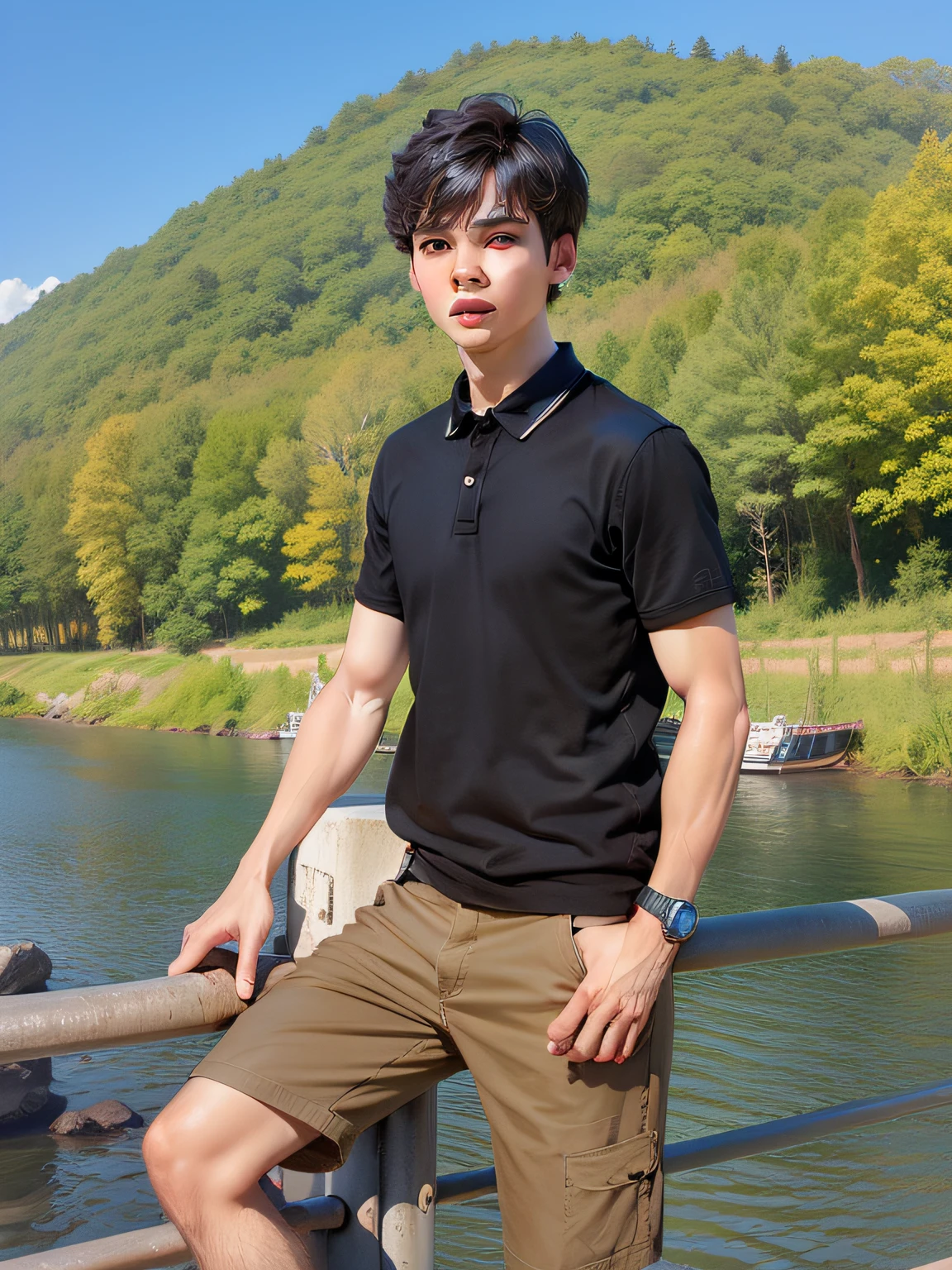 best quality, 1boy, solo, cartoon portrait , simple background, short hair, pink lips, --auto