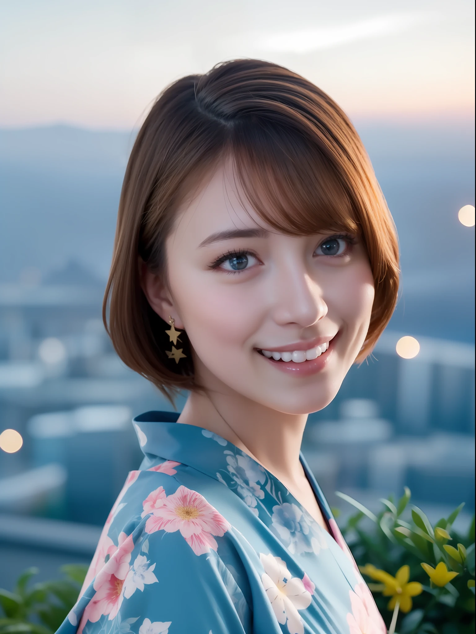 1girl、(Wear a yukata with a floral pattern:1.2)、(On a hill overlooking the city:1.4)、(Fireworks in the background:1.3)、(RAW Photography、maximum quality)、(real、photo-realistic:1.4)、A Masterpiece、extremely delicate and beautiful、Highly detailed、2k wallpaper、astonishing、fine detail、extremely detailed CG Unity 8k wallpapers、ultra- detailed、with high resolution、Soft light、Beautiful detailed girl、Very detailed eyes and face、 beautiful detailed nose、Beautiful detailed eyes、Movie lighting、City lights at night、star sky、perfect antomy、Light smile、skinhead