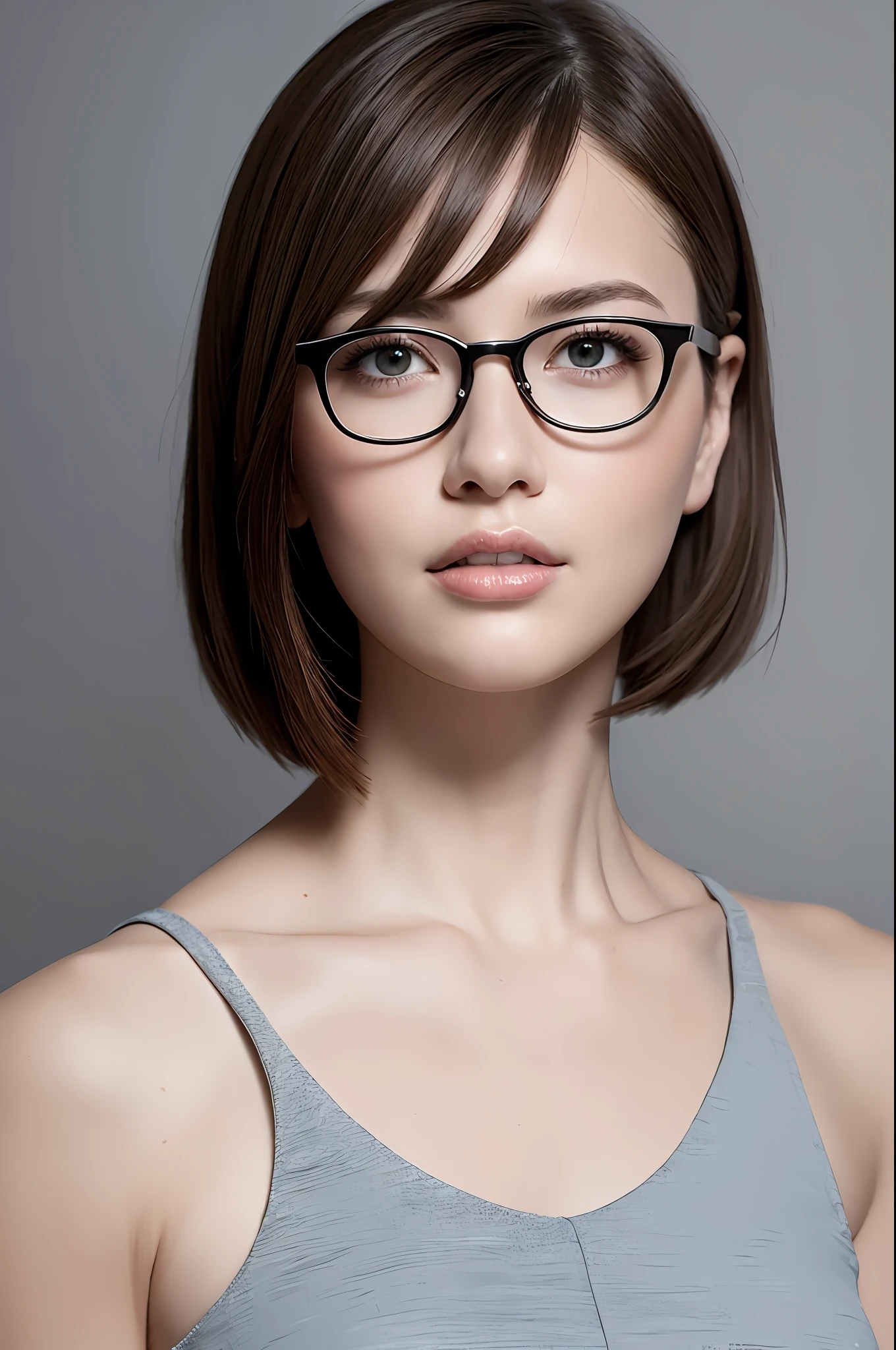 (8k, Best Quality, Masterpiece:1.2), Realistic, Photorealistic: 1.3, Ultra Detailed, ((One Girl)), Cute, Solo, Closed Mouth, Beautiful Detailed Eyes, Short Hair, Bob Hair, Very Delicate and Beautiful, Amazing, Fine Detail, Masterpiece, Ultra Detailed, High Resolution, Best Shadow, Big, Blue Tops, Upper Body, Front, Aesthetics, Look Who is Watching, Glasses