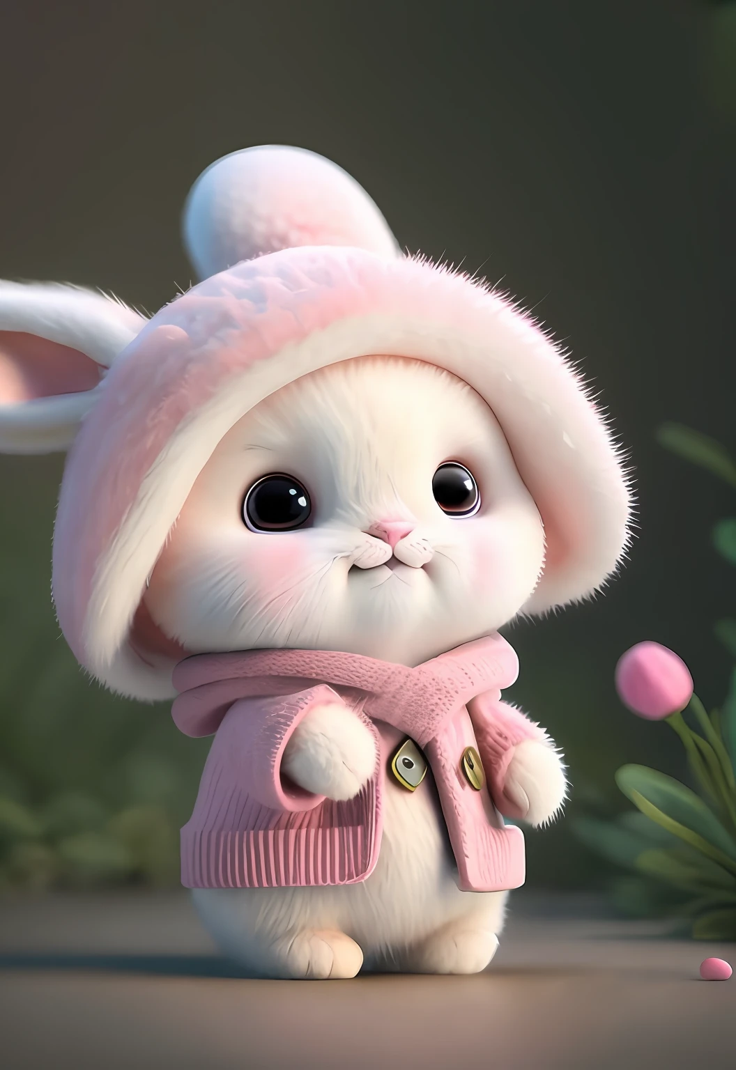 there is a white cat wearing a pink sweater and a pink hat, adorable digital painting, cute 3 d render, cute detailed digital art, adorable digital art, cute anthropomorphic bunny, cute cartoon character, kawaii! C4D, the bunny has pink fur, cute character, adorable and cute, the bunny has pink fur, adorable and cute, cute artwork，Has two ears