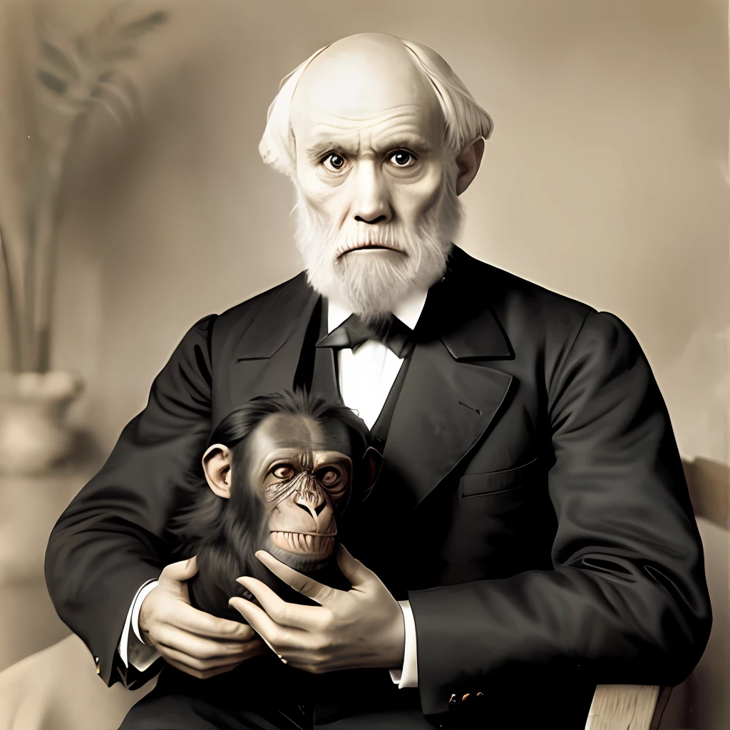 Charles Darwin, velho, com dois corvos nos ombros, holding a skull of a chimpanzee.