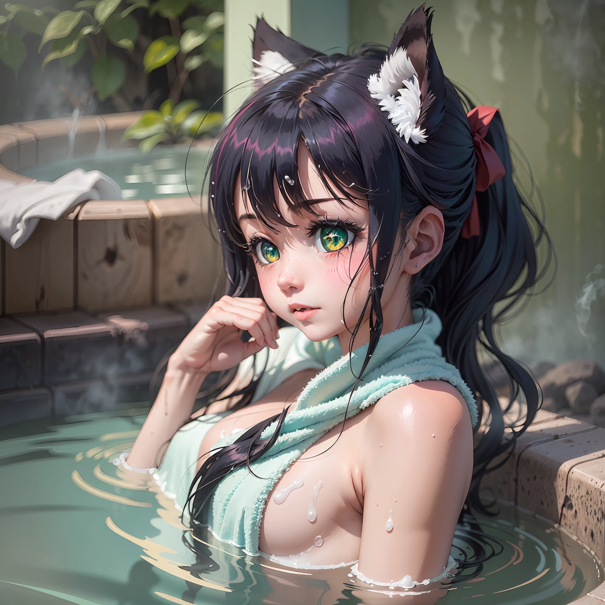 (Full HD 4K), masterpiece, detailing, anime style, Anime girl from anime "Show by rock" Cyan, green eyes, black hair, black cat ears, blushed cheeks, shyly face, white sticky liquid on the face, wet body, sauna, sauna, Steam, ((clothes: white towel covers the body)), anime cat girl, pose: bathing in a hot spring, water and steam