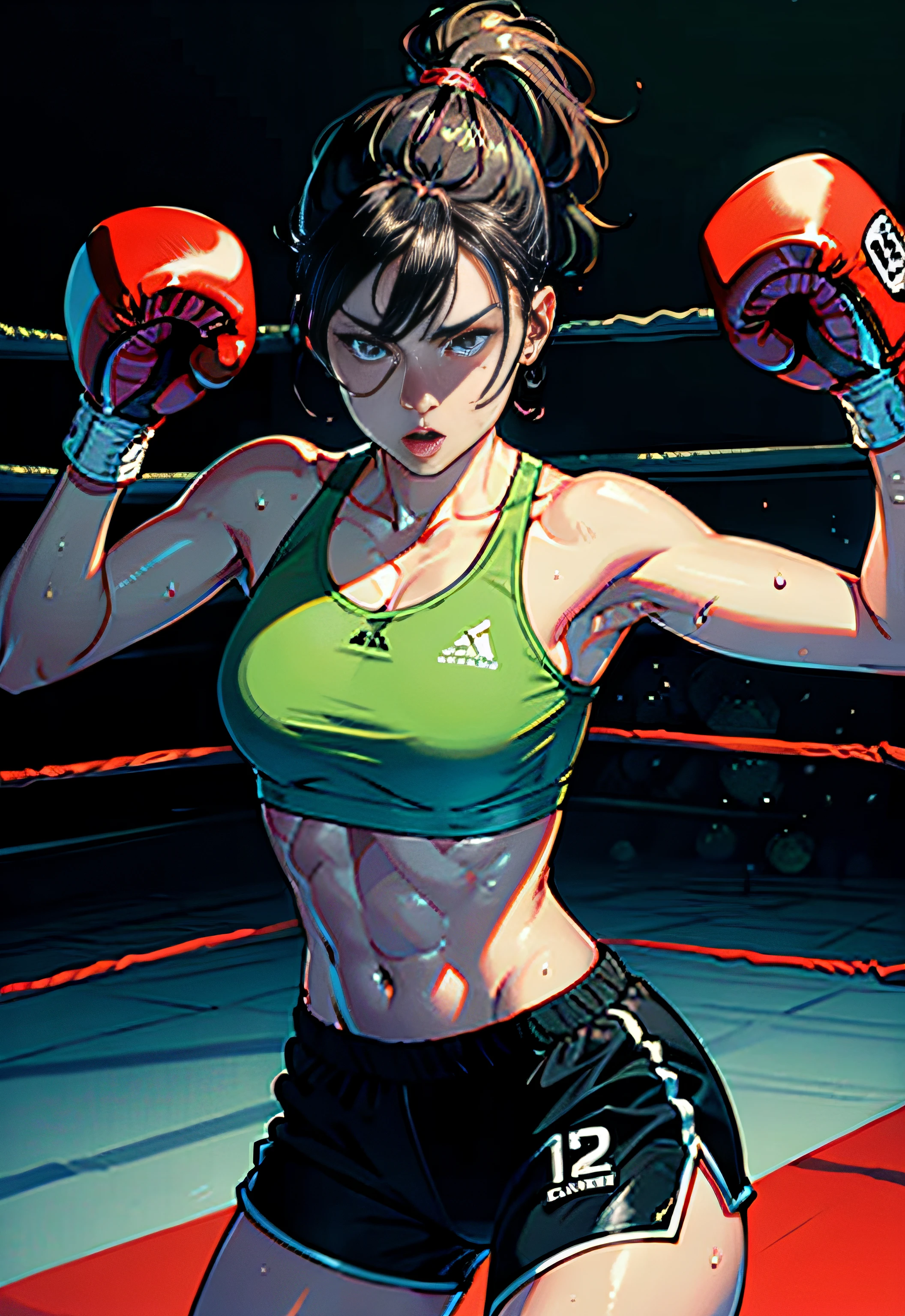 (original) , (very detailed wallpaper) , (best quality) , (masterpiece) , photographic reality, realistic, very detailed illustrations, (1 girl) , beautiful eyes, (delicate face) , perfect detail, (best lighting) , (super complex details) , 
 (boxing girl) , (aggressive punching) , sweat, heavy breathing, (oppressive attack) , (boxing ring) , athletic shorts, perfect detail, perfect fingers, perfect limbs, impact, (shiny skin) , abs, muscles, waistline,boxing shorts, fist fight, black hair, high ponytail, very long hair, 
4K unified, (super detailed CG: 1.2) , (8K: 1.2) , realistic, octane rendering