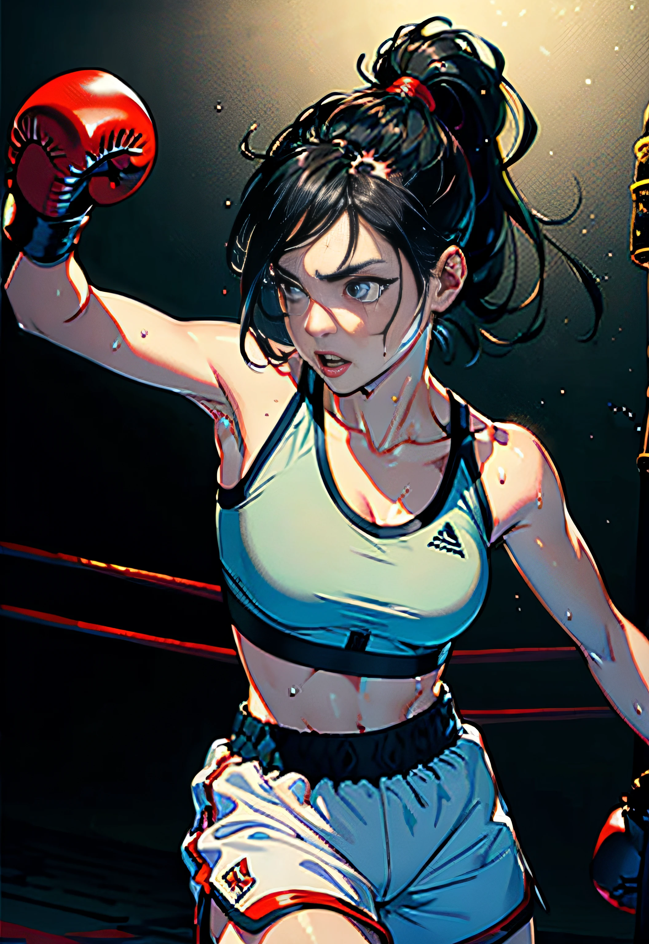 (original) , (very detailed wallpaper) , (best quality) , (masterpiece) , photographic reality, realistic, very detailed illustrations, (1 girl) , beautiful eyes, (delicate face) , perfect detail, (best lighting) , (super complex details) , 
 (boxing girl) , (aggressive punching) , sweat, heavy breathing, (oppressive attack) , (boxing ring) , athletic shorts, perfect detail, perfect fingers, perfect limbs, impact, (shiny skin) , abs, muscles, waistline,boxing shorts, fist fight, black hair, high ponytail, very long hair, 
4K unified, (super detailed CG: 1.2) , (8K: 1.2) , realistic, octane rendering