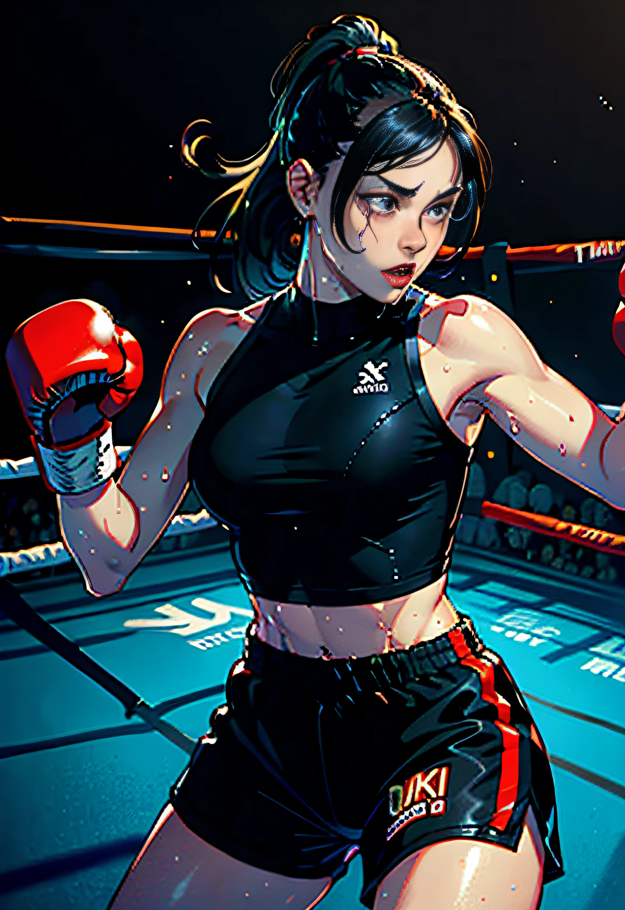 (original) , (very detailed wallpaper) , (best quality) , (masterpiece) , photographic reality, realistic, very detailed illustrations, (1 girl) , beautiful eyes, (delicate face) , perfect detail, (best lighting) , (super complex details) , 
 (boxing girl) , (aggressive punching) , sweat, heavy breathing, (oppressive attack) , (boxing ring) , athletic shorts, perfect detail, perfect fingers, perfect limbs, impact, (shiny skin) , abs, muscles, waistline,boxing shorts, fist fight, black hair, high ponytail, very long hair, 
4K unified, (super detailed CG: 1.2) , (8K: 1.2) , realistic, octane rendering