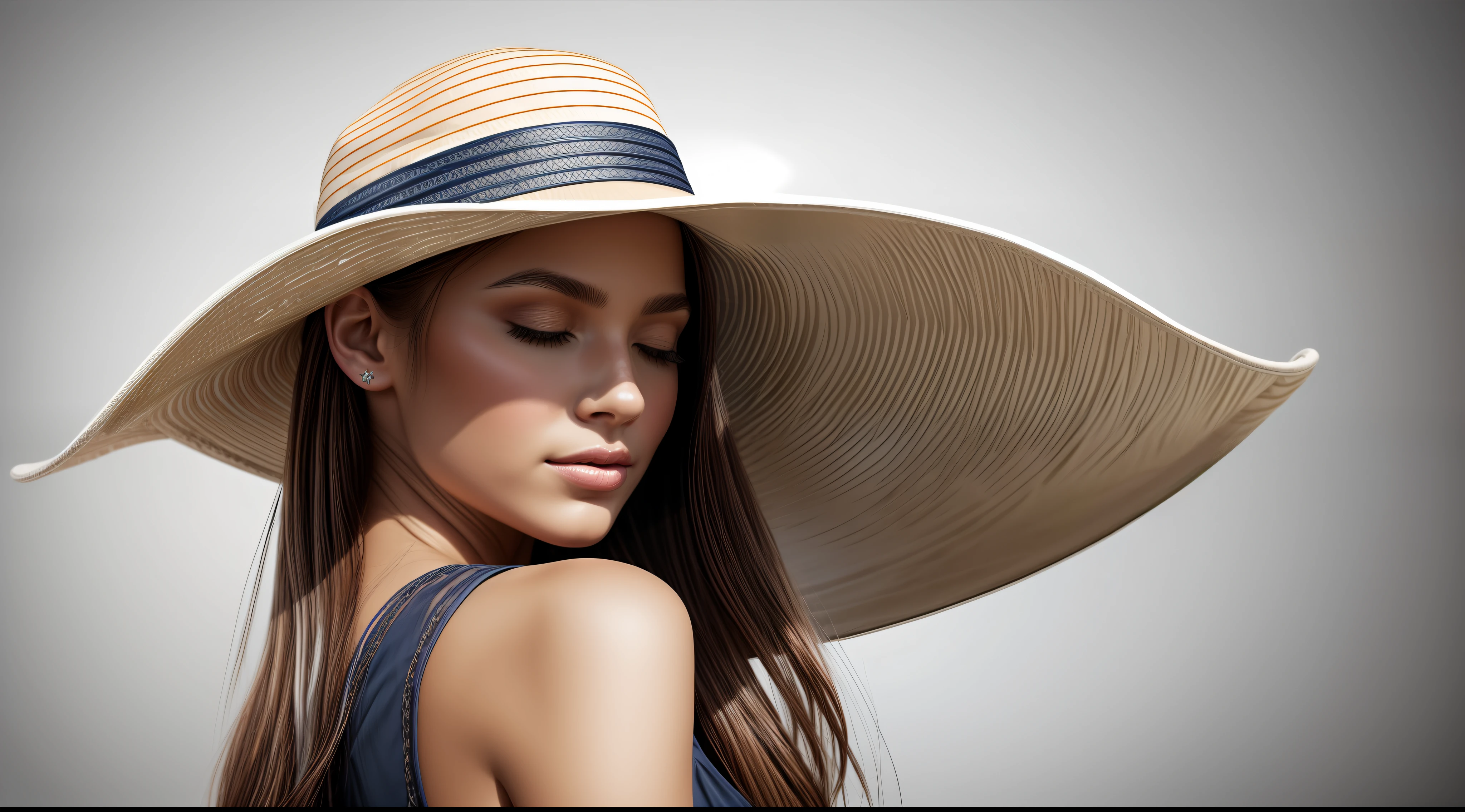 a side profile of a beautiful cowgirl female wearing a cowboy hat, cowboy hat is tipped down so you can not see her eyes portrait vector, in the style of juxtaposition of light and shadow, black, white and navy blue sketch, daz3d, leica m6, desaturated oil portraitures, soft brush strokes, eternal beauty, translucent white background --s 900