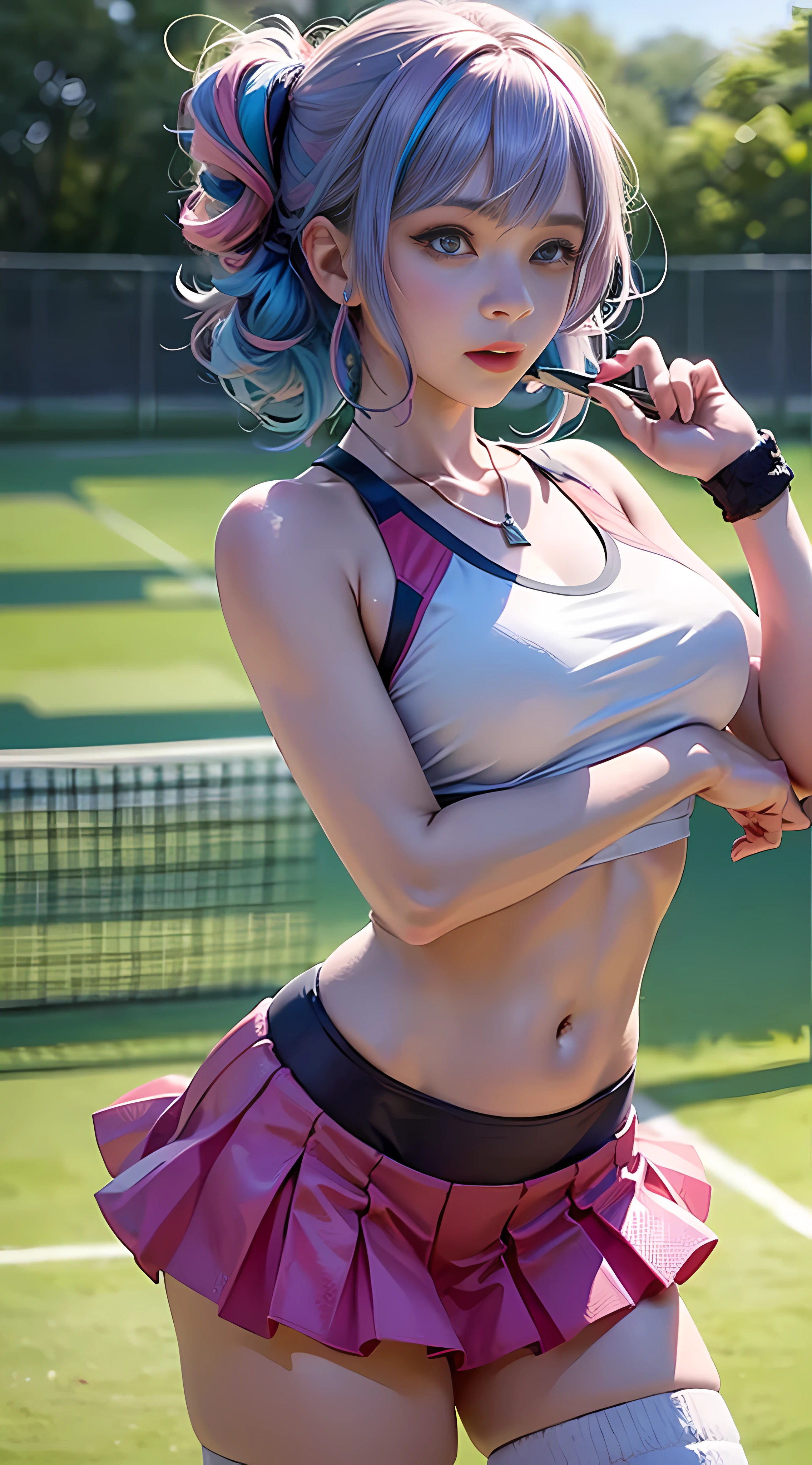 Ultra high quality，8K，Don't miss your fingers，1女孩，Sports Girl，Blue-pink hair，Sports close-up，miniskirts，Play tennis on the lawn，Dopamine girls