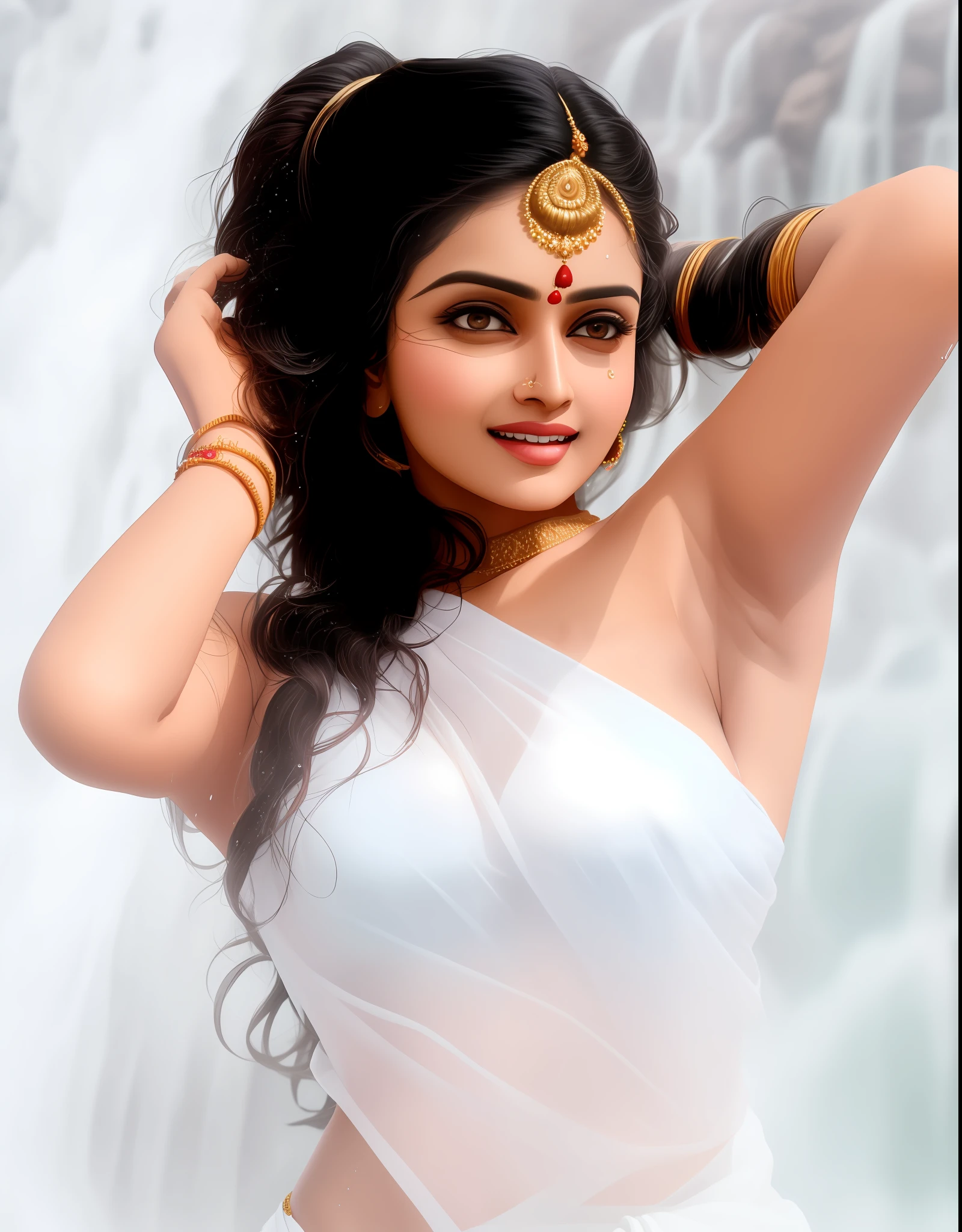 ((masterpiece)), looks like Indian Bollywood actress mandakini, ultra realistic, hyper realistic, 8k, hdr, skin texture, Indian actress, Indian woman, yellowish skin, insane details, wearing white saree, wet saree, wearing only, no bra, bathing in the waterfall, beautiful lady, amazing figure, healthy body, flesh armpit, goddess like,