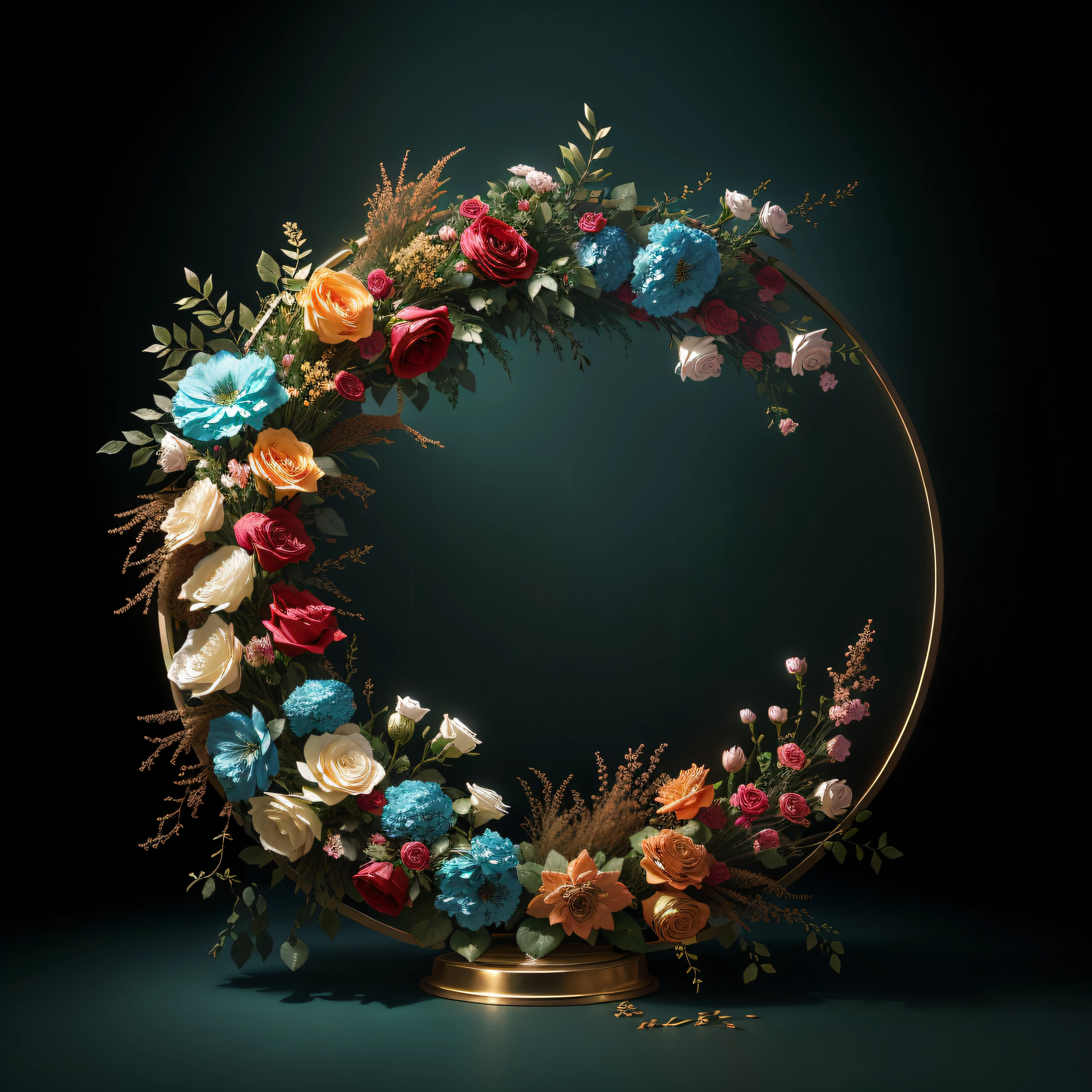 there is a wreath of flowers on a stand in the dark, made of dried flowers, made of flowers, made of colorful dried flowers, gorgeous composition, awesome greate composition, elegant composition, made of flowers and berries, portal made of roses, still life photo of a backdrop, flowers and gold, floral environment, beautiful composition, glamorous composition