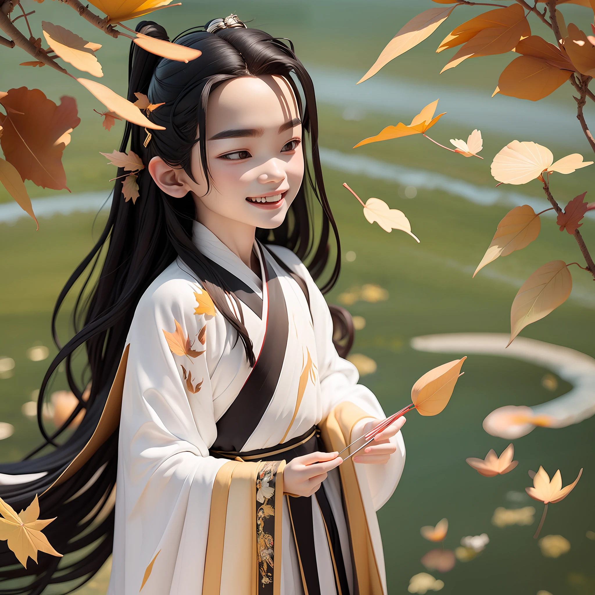 (Masterpiece),(Need),(Super meticulous),(all over the body:1.2),(1boy,A 4 year old boy,Handsome,virile,with long black hair,White clothes fluttering,Hanfu,Laugh,Stand on a cliff,Below is the Yangtze River,fall,Falling leaves,Chibi T-Shi