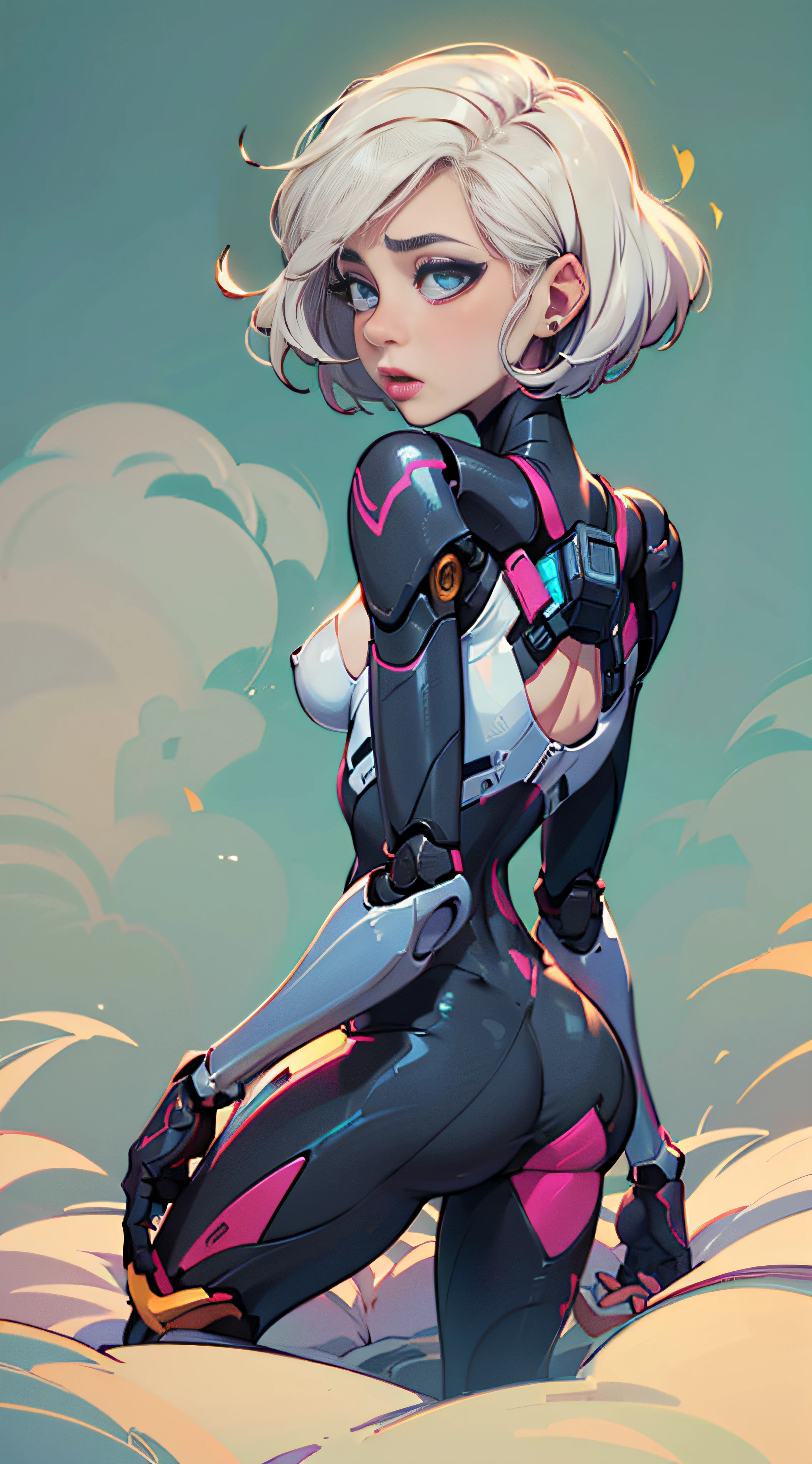 Sexy 40 yo female robot, ((Best Quality, 8K, Masterpiece:1.3)), Focus:1.2, Perfect Body Beauty:1.4, ((Layered Haircut)),((tiny Breasts:1.2)), Highly Detailed Face and Skin Texture, Fine Eyes, Double Eyelids, Whitened Skin, short angled bob haircut